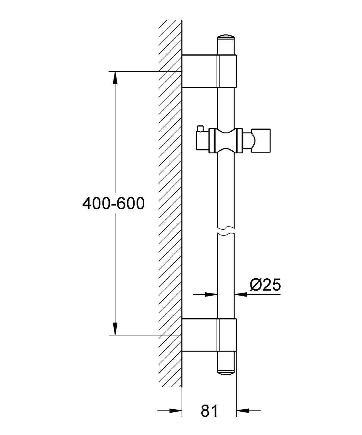Grohe Rainshower 24-inch shower bar with wall mounting bracket and adjustable holder, technical diagram view showing dimensio