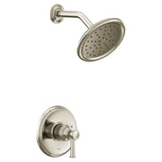 Polished nickel shower trim kit with round showerhead, curved arm, and single lever handle on escutcheon plate.