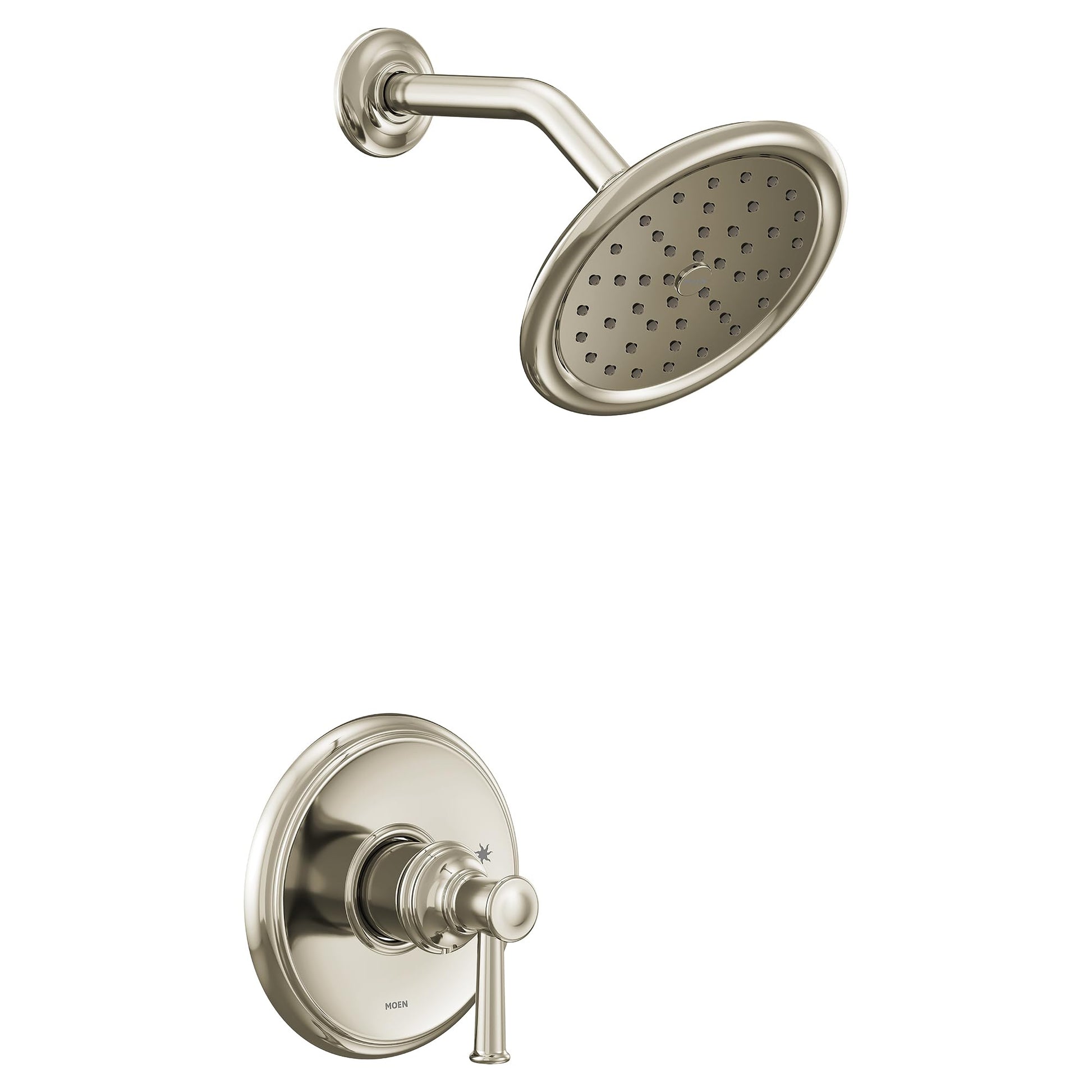 Polished nickel shower trim kit with round showerhead, curved arm, and single lever handle on escutcheon plate.