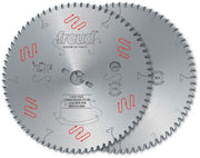 Freud circular saw blade with fine teeth, center mechanical clamping holes, and red wavy markings on silver surface.