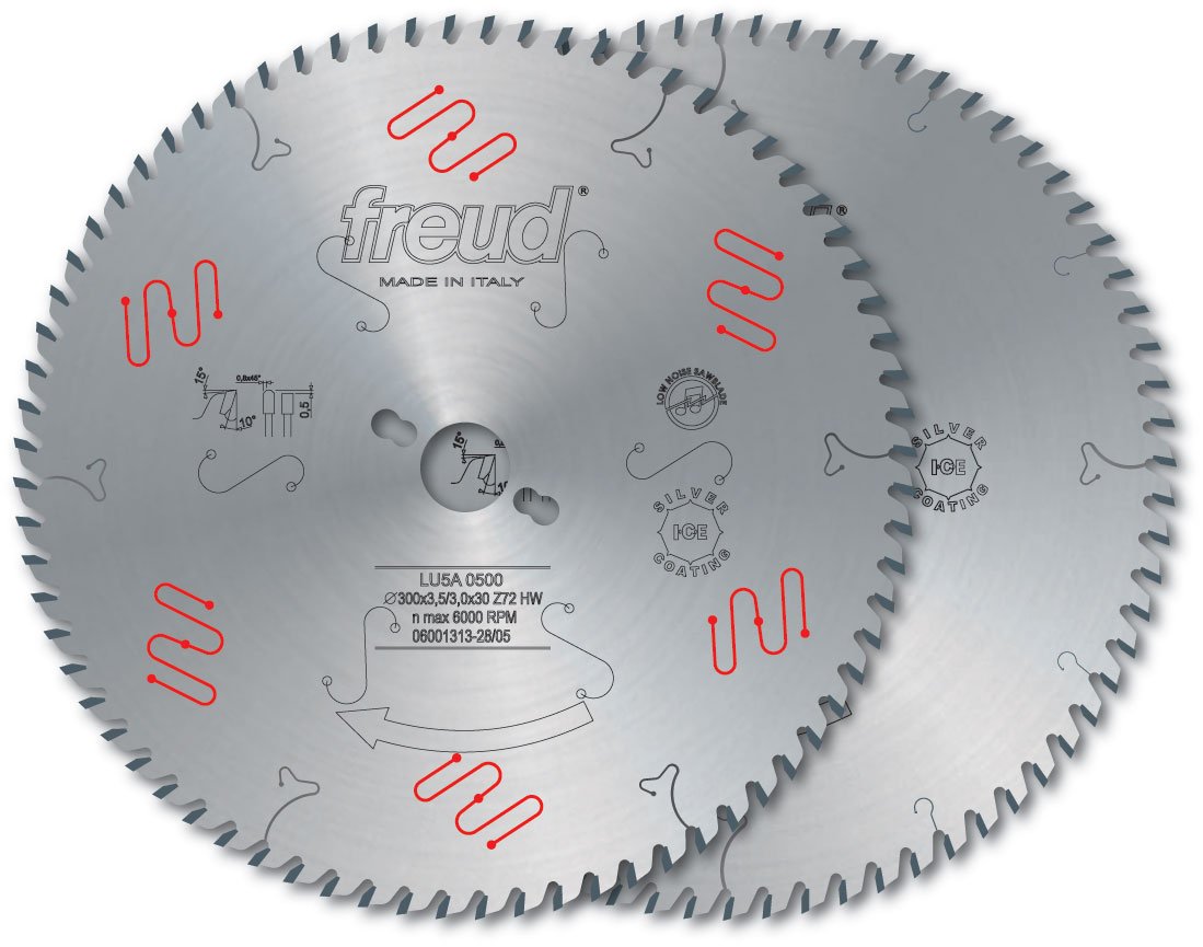 Freud circular saw blade with fine teeth, center mechanical clamping holes, and red wavy markings on silver surface.
