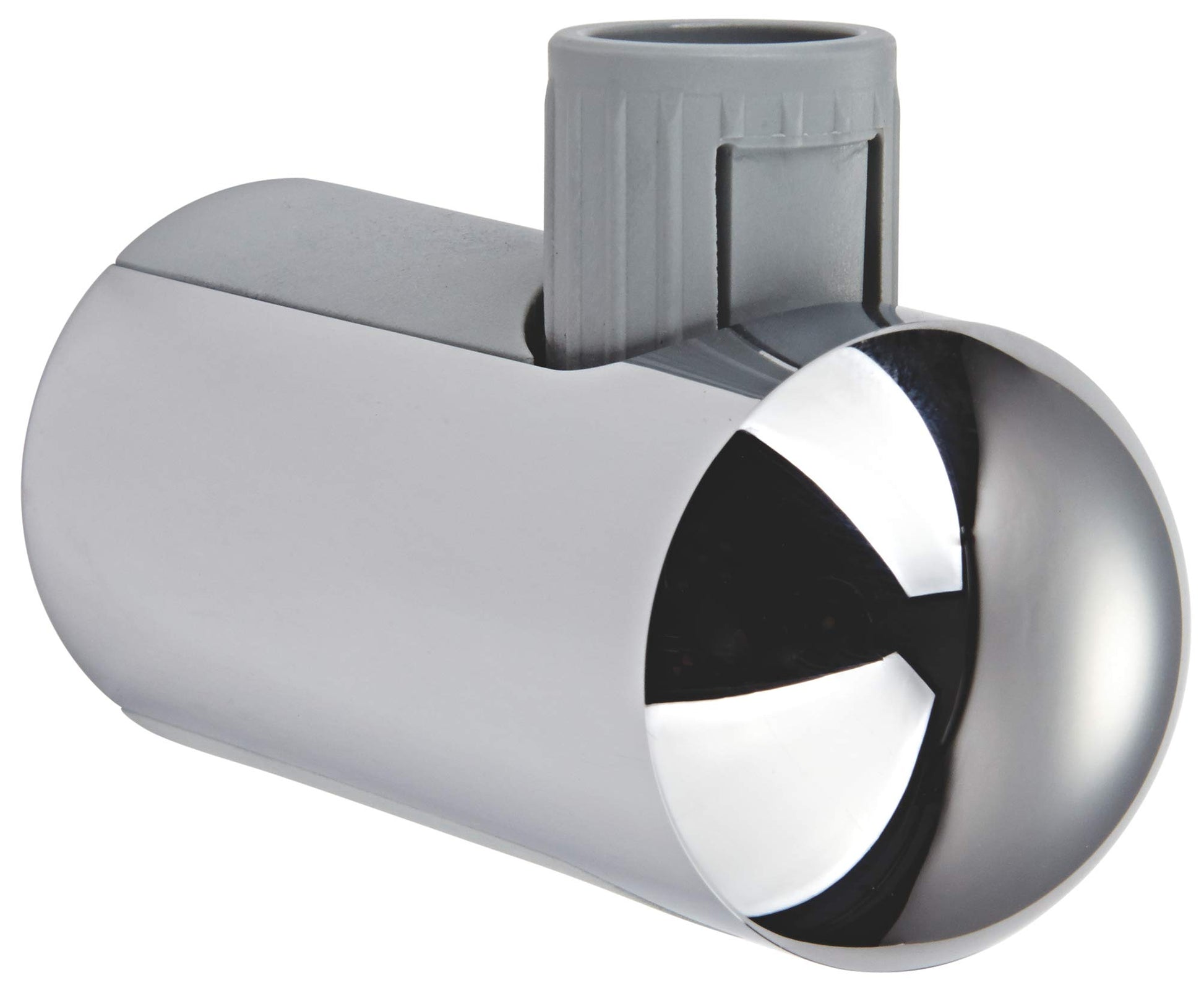 Chrome shower bar holder with cylindrical grip and wall-mounted bracket attachment.