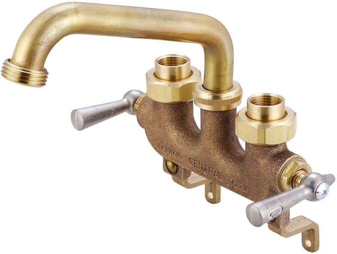 Brass two-handle kitchen faucet with curved spout and metal lever handles.
