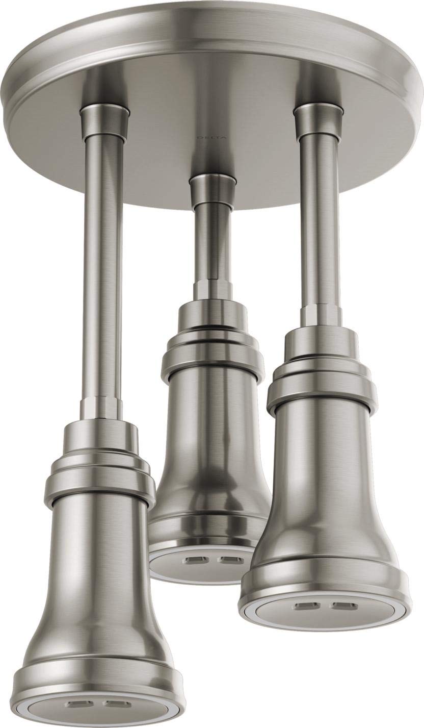 Brushed nickel pendant shower head with three conical nozzles suspended from ceiling mount plate.