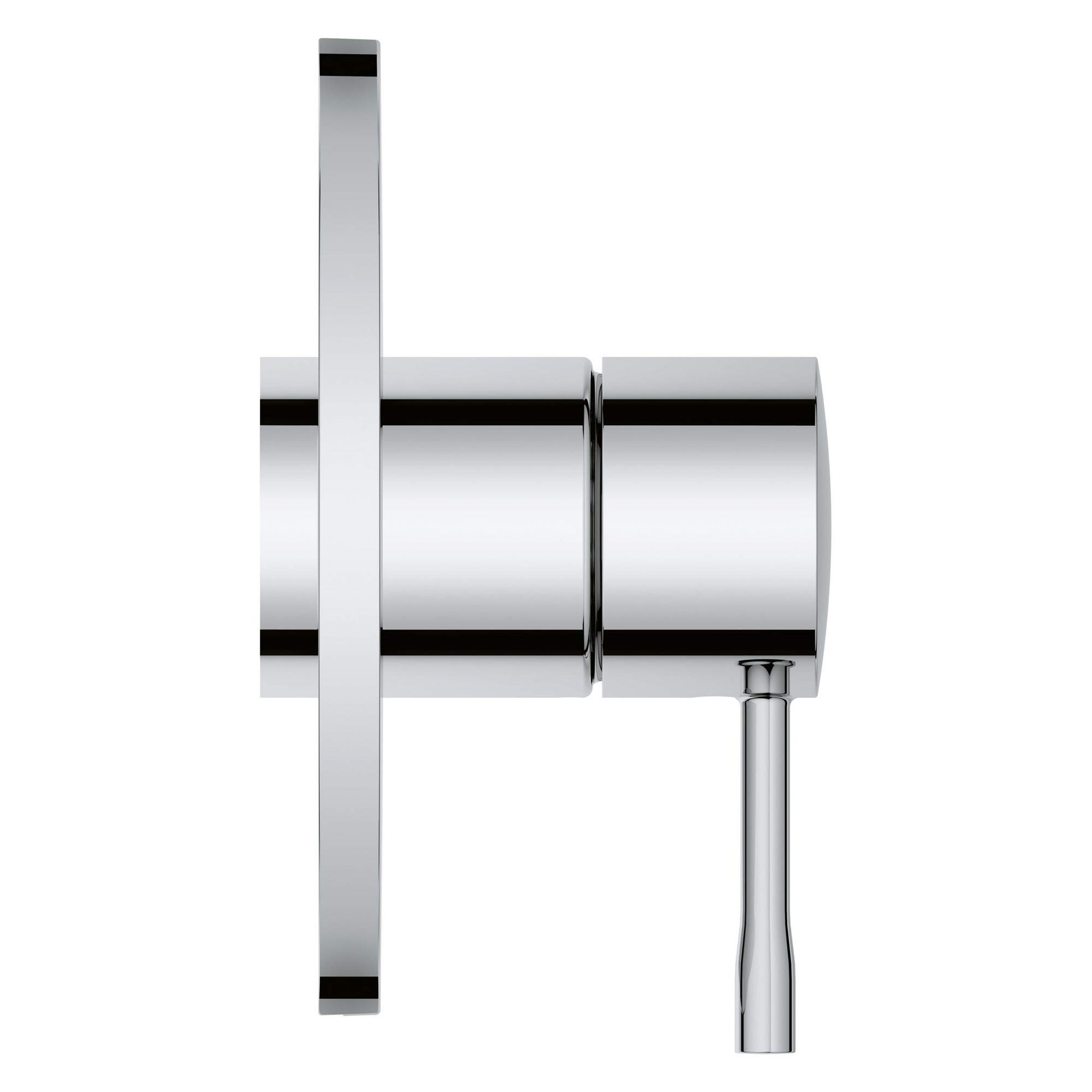 Chrome pressure balance valve trim with rectangular handle and cylindrical body featuring black accent bands.