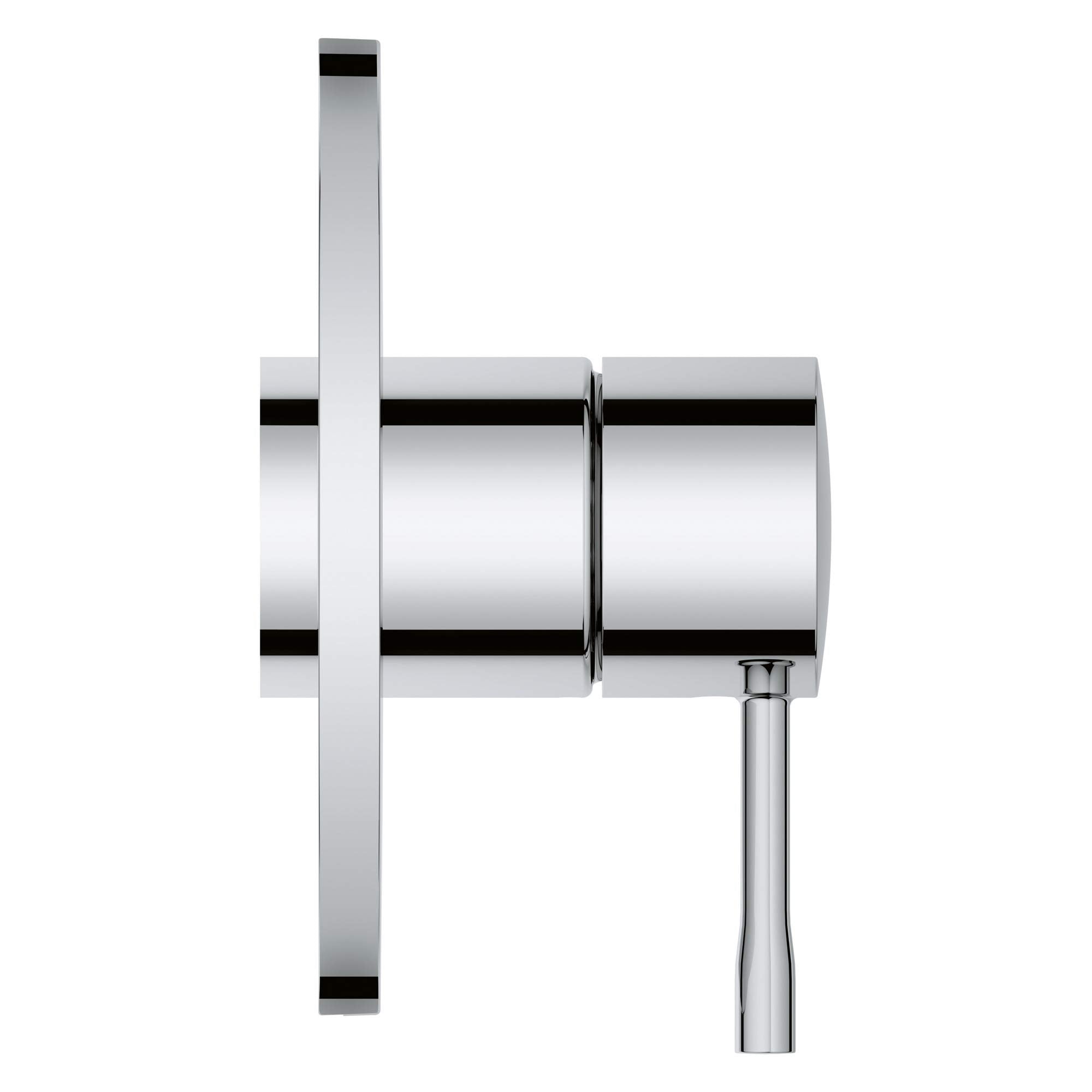 Chrome pressure balance valve trim with rectangular handle and cylindrical body featuring black accent bands.