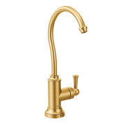 Brushed gold traditional kitchen beverage faucet with curved spout and single side lever handle.
