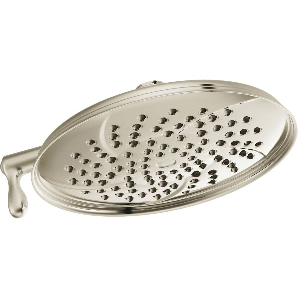 Polished nickel oval showerhead with multiple spray jets and curved arm attachment.