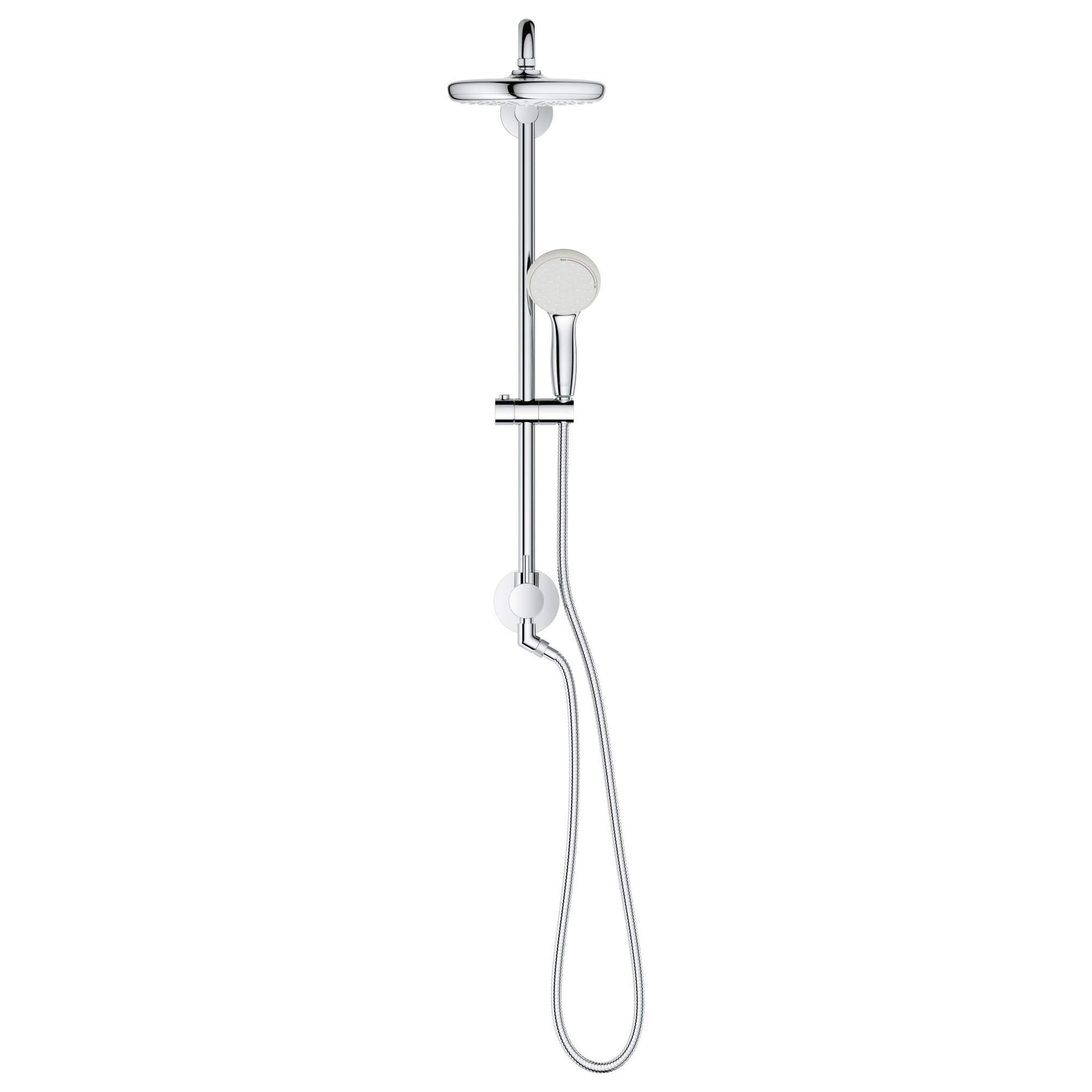 Chrome shower system with overhead rainfall head, handheld showerhead on vertical rail, and curved wall spout connection.