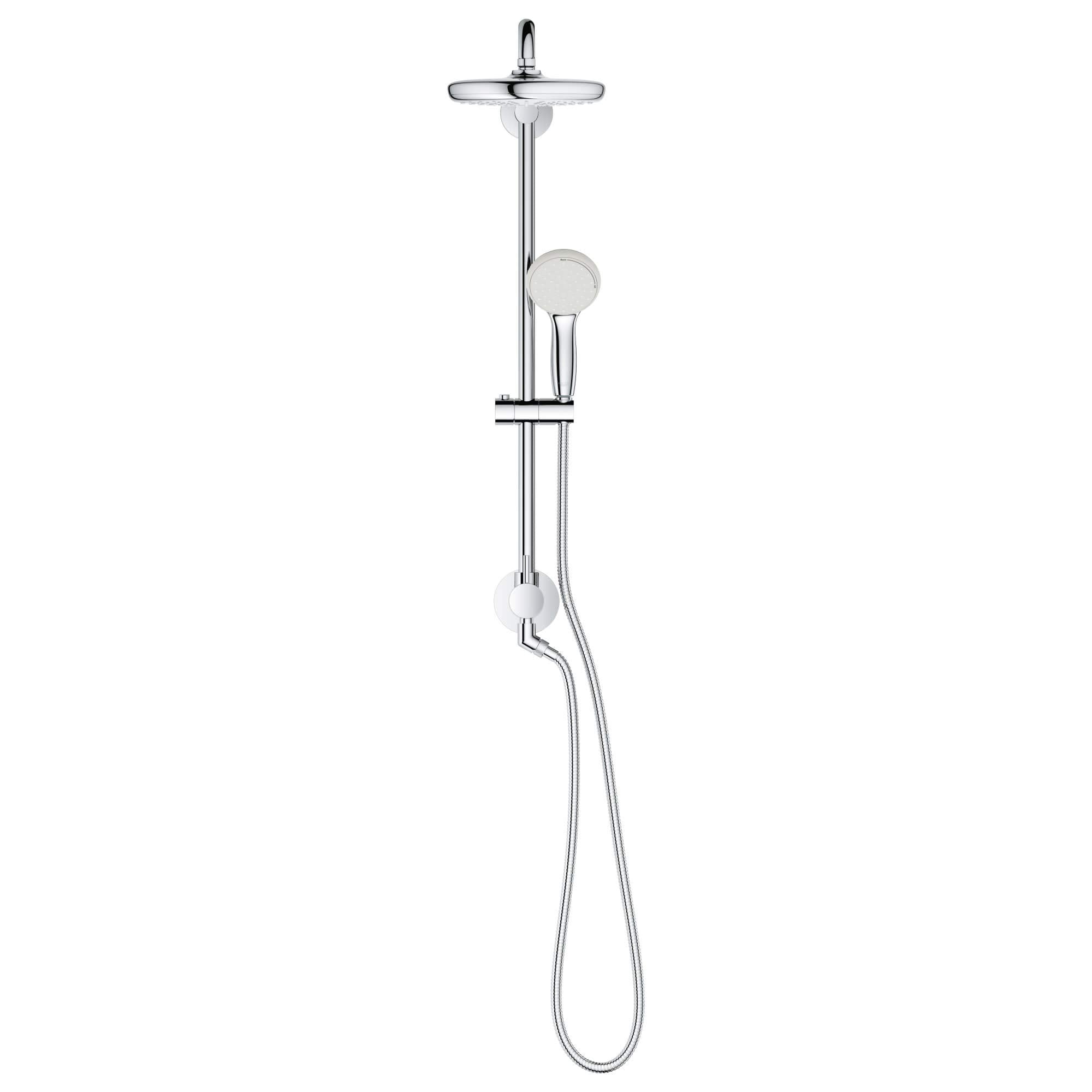 Chrome shower system with overhead rainfall head, handheld showerhead on vertical rail, and curved wall spout connection.