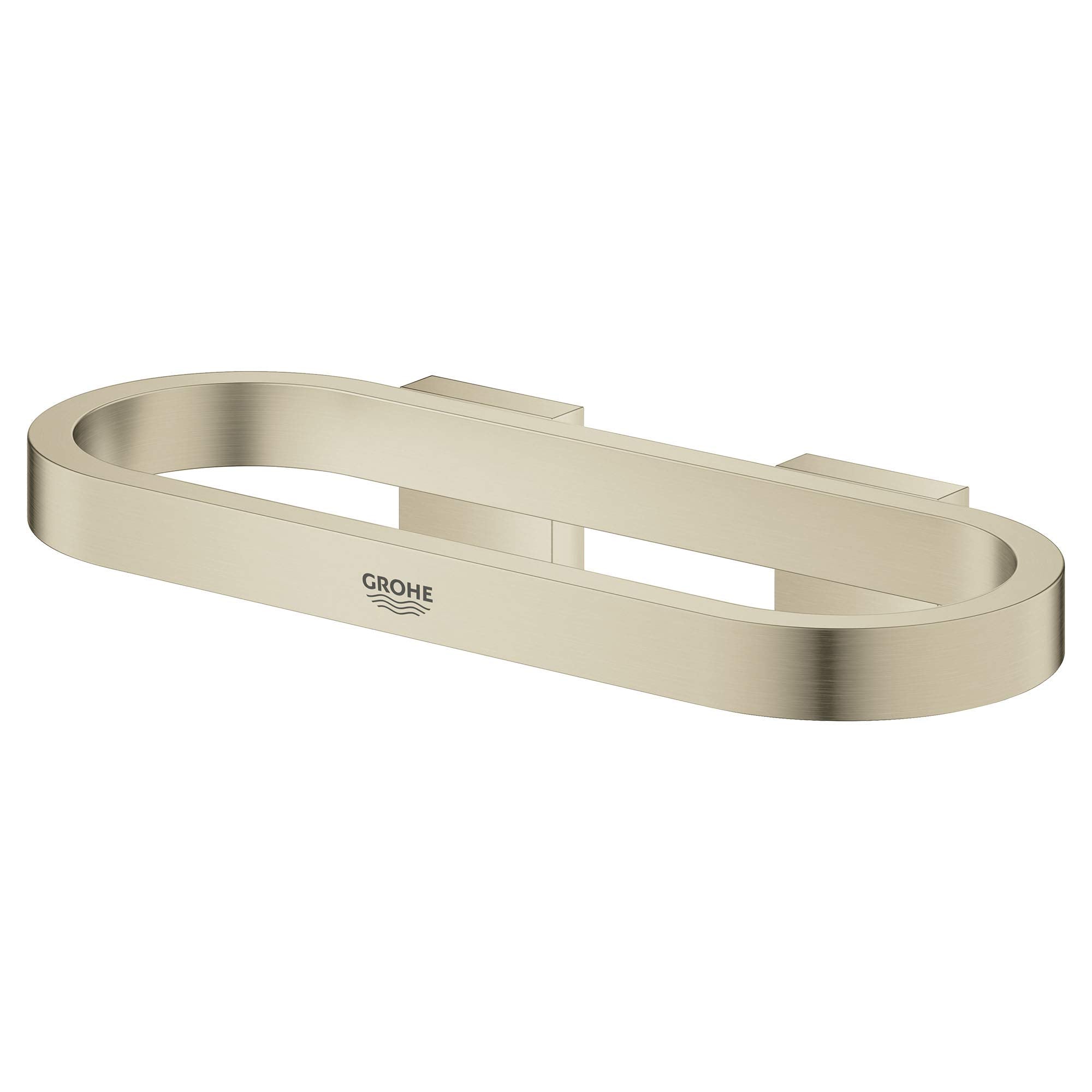 Brushed nickel towel ring with oval shape and wall-mounted bracket supports.