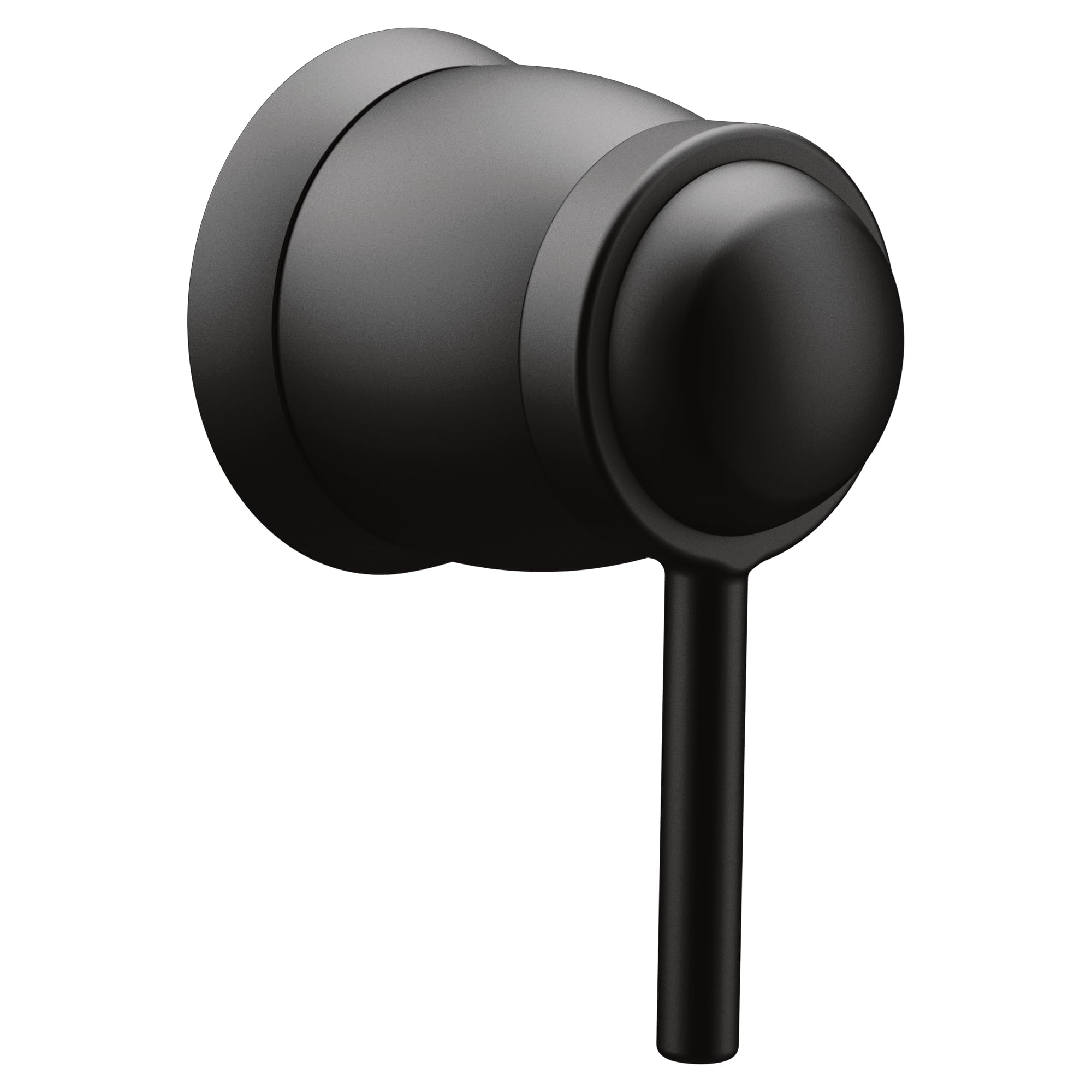 Matte black volume control valve trim with round knob and cylindrical handle.