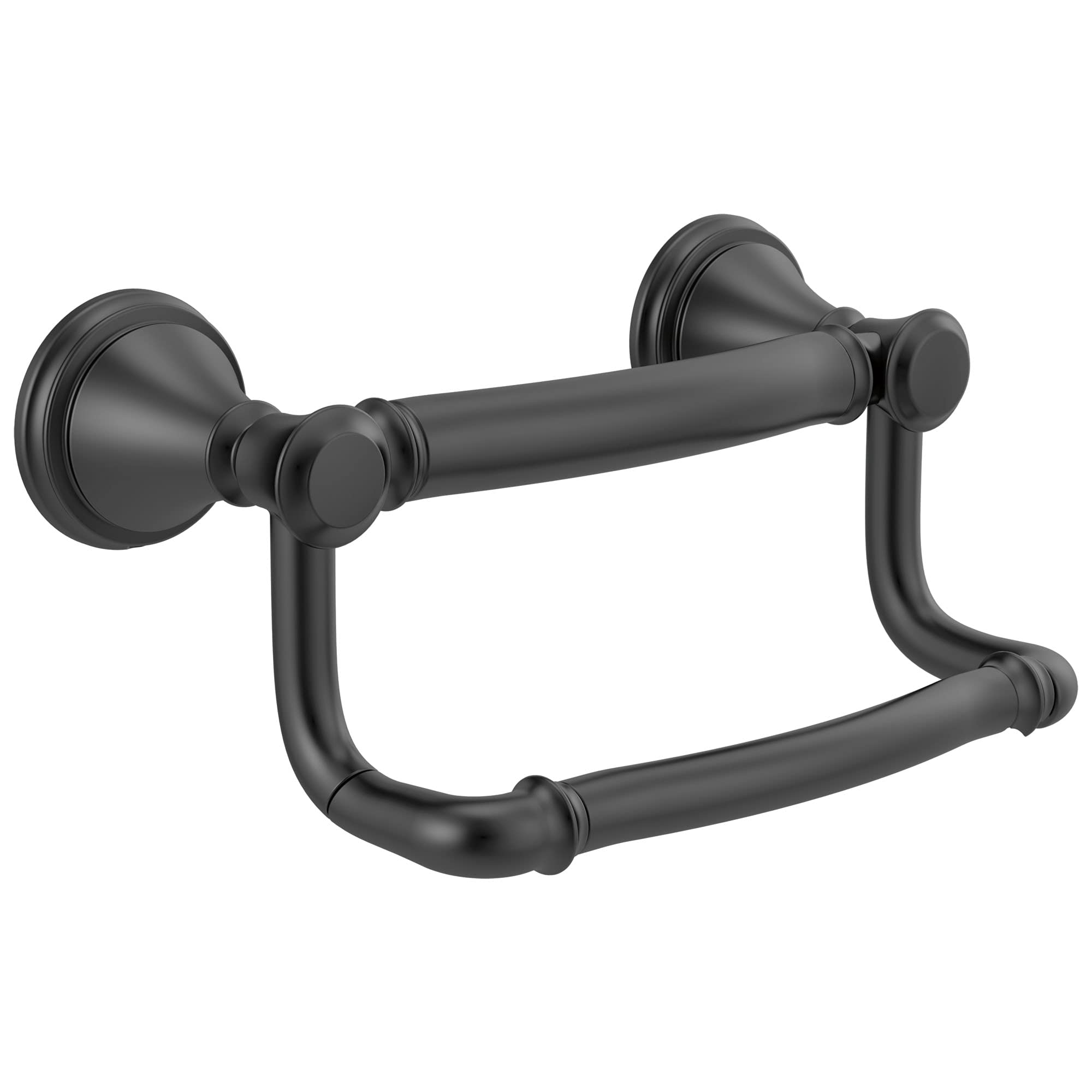 Black metal toilet tissue holder with horizontal bar and vertical assist grip mounted on wall flanges.