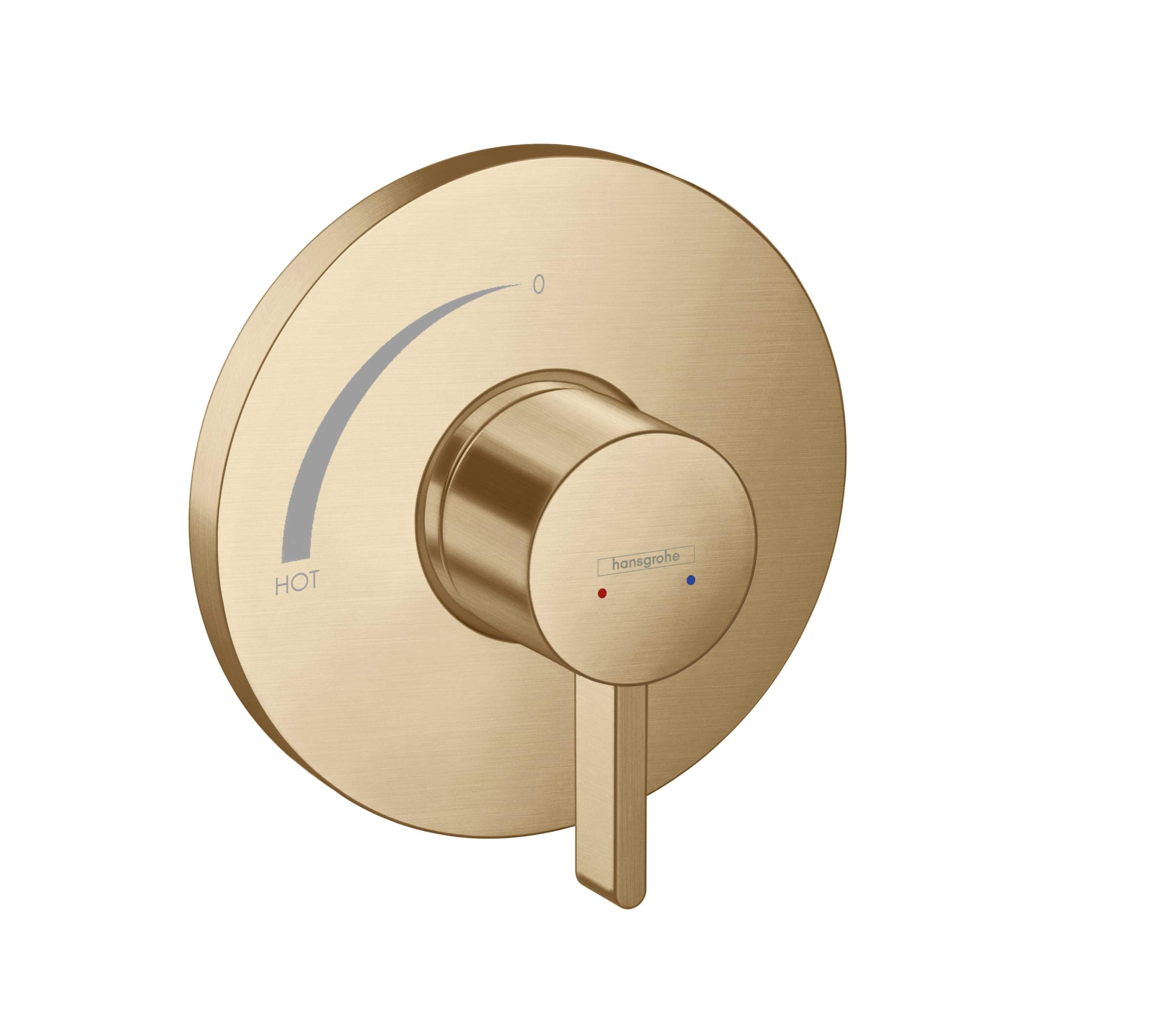 Brushed bronze pressure balance valve trim with round escutcheon plate, single lever handle, and temperature dial marked "hot