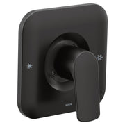 Moen Rizon matte black shower trim with rounded rectangular escutcheon plate and single lever handle.