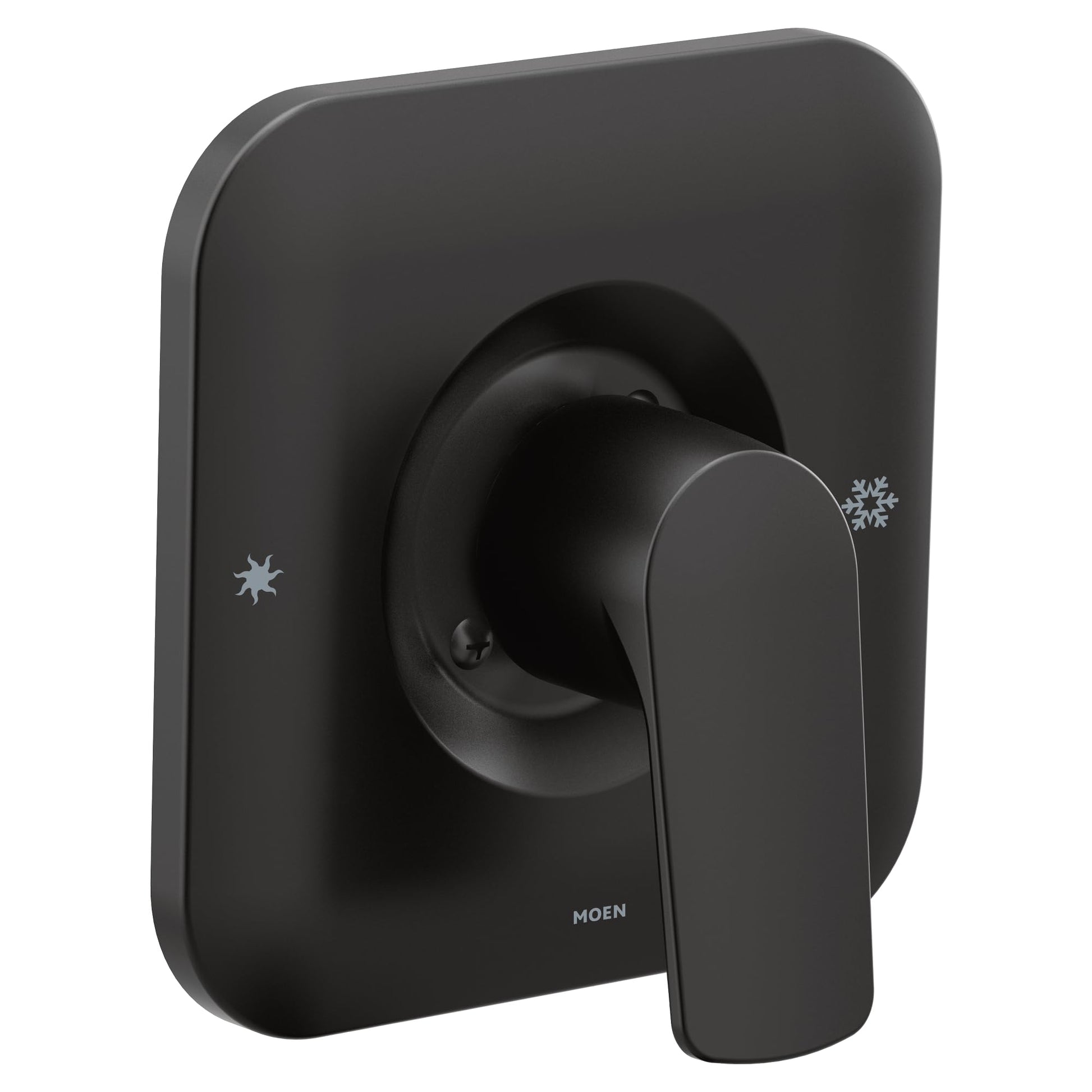 Moen Rizon matte black shower trim with rounded rectangular escutcheon plate and single lever handle.