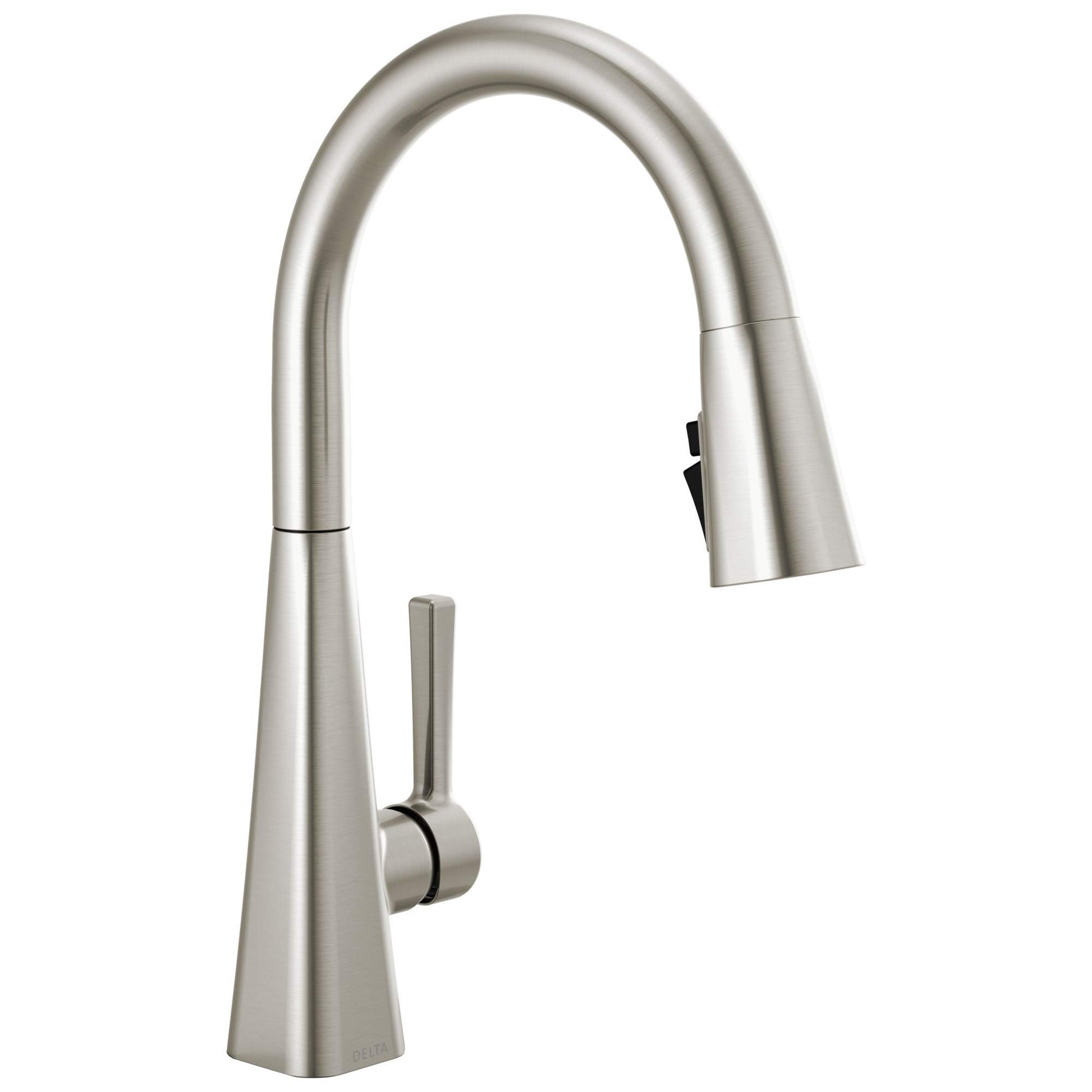 Stainless steel single-handle kitchen faucet with curved pull-down spout and lever handle.