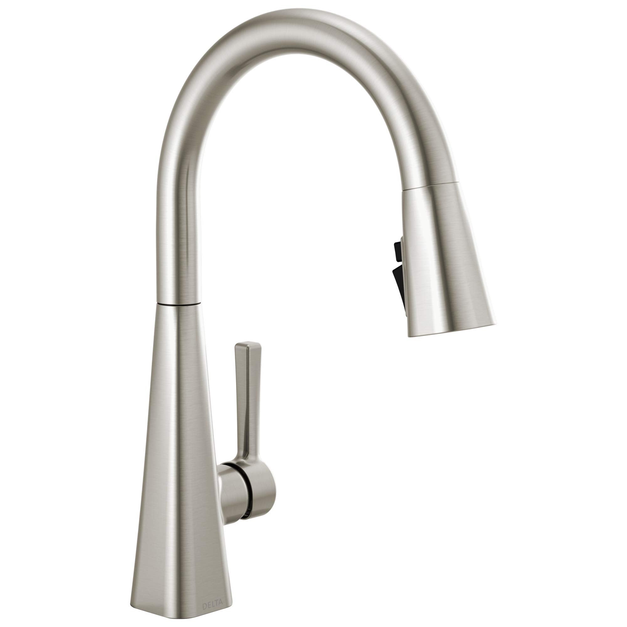 Stainless steel single-handle kitchen faucet with curved pull-down spout and lever handle.