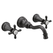Matte black wall-mounted bathroom faucet trim with curved spout and two cross handles.