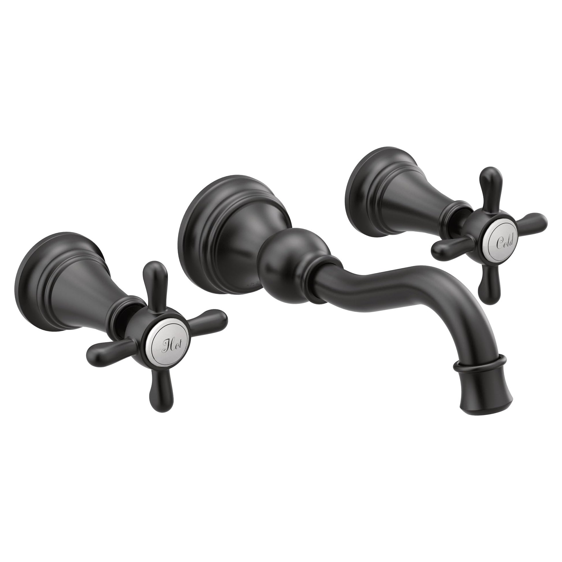 Matte black wall-mounted bathroom faucet trim with curved spout and two cross handles.