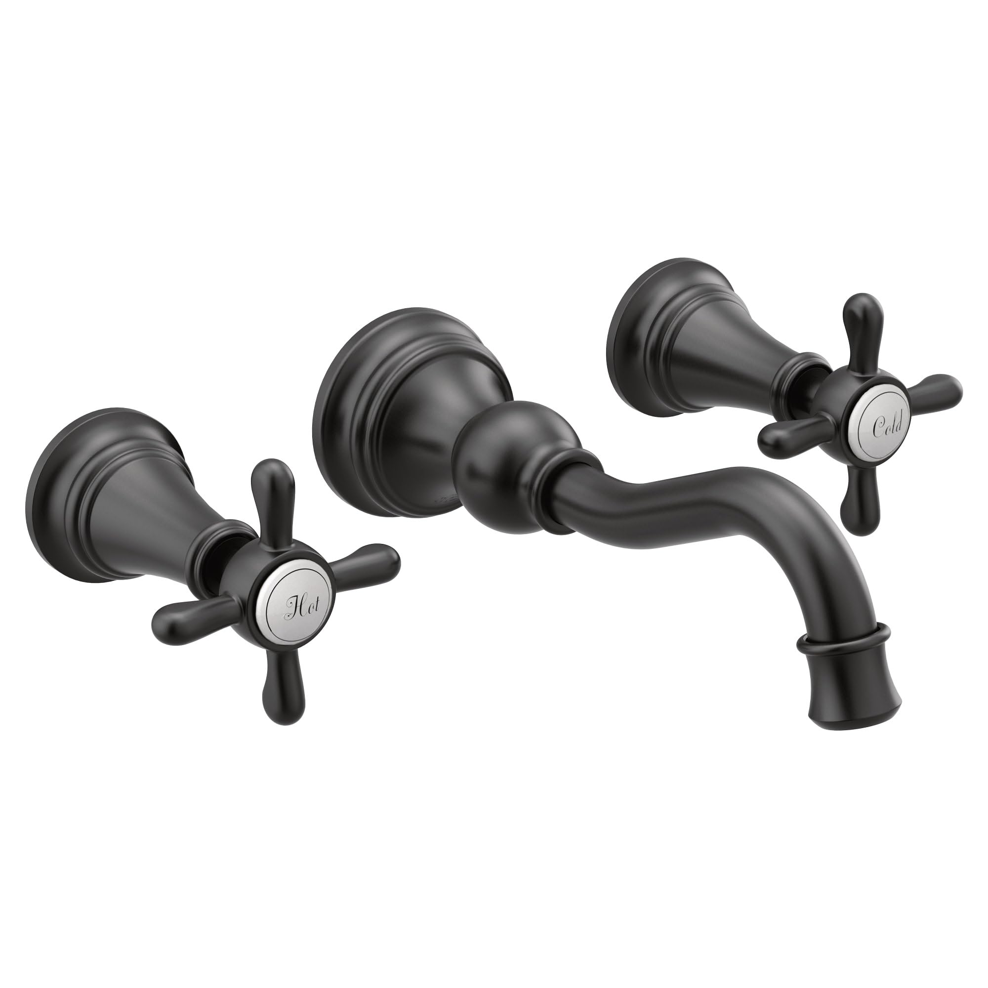 Matte black wall-mounted bathroom faucet trim with curved spout and two cross handles.