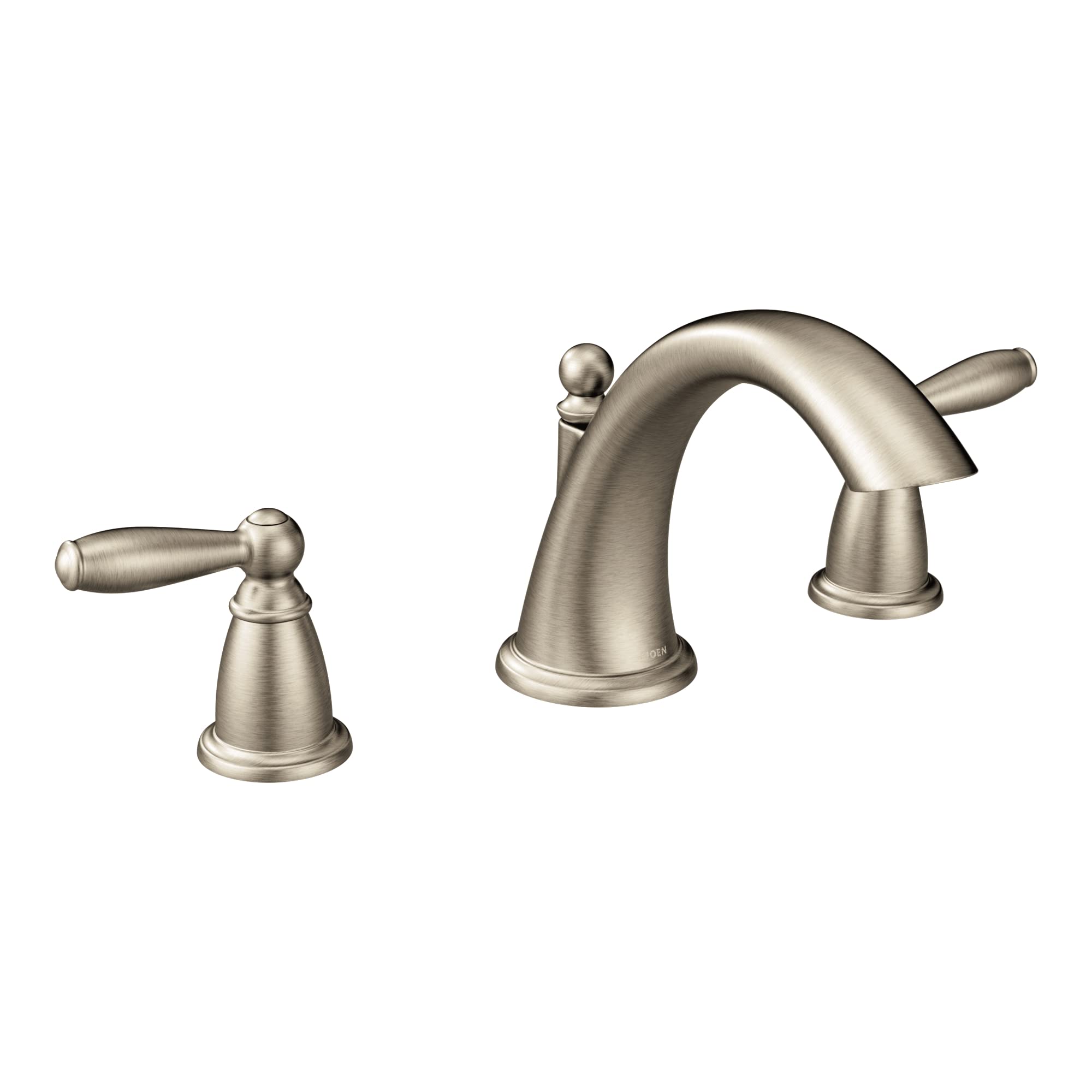 Brushed nickel two-handle roman tub faucet trim with curved spout and lever handles.