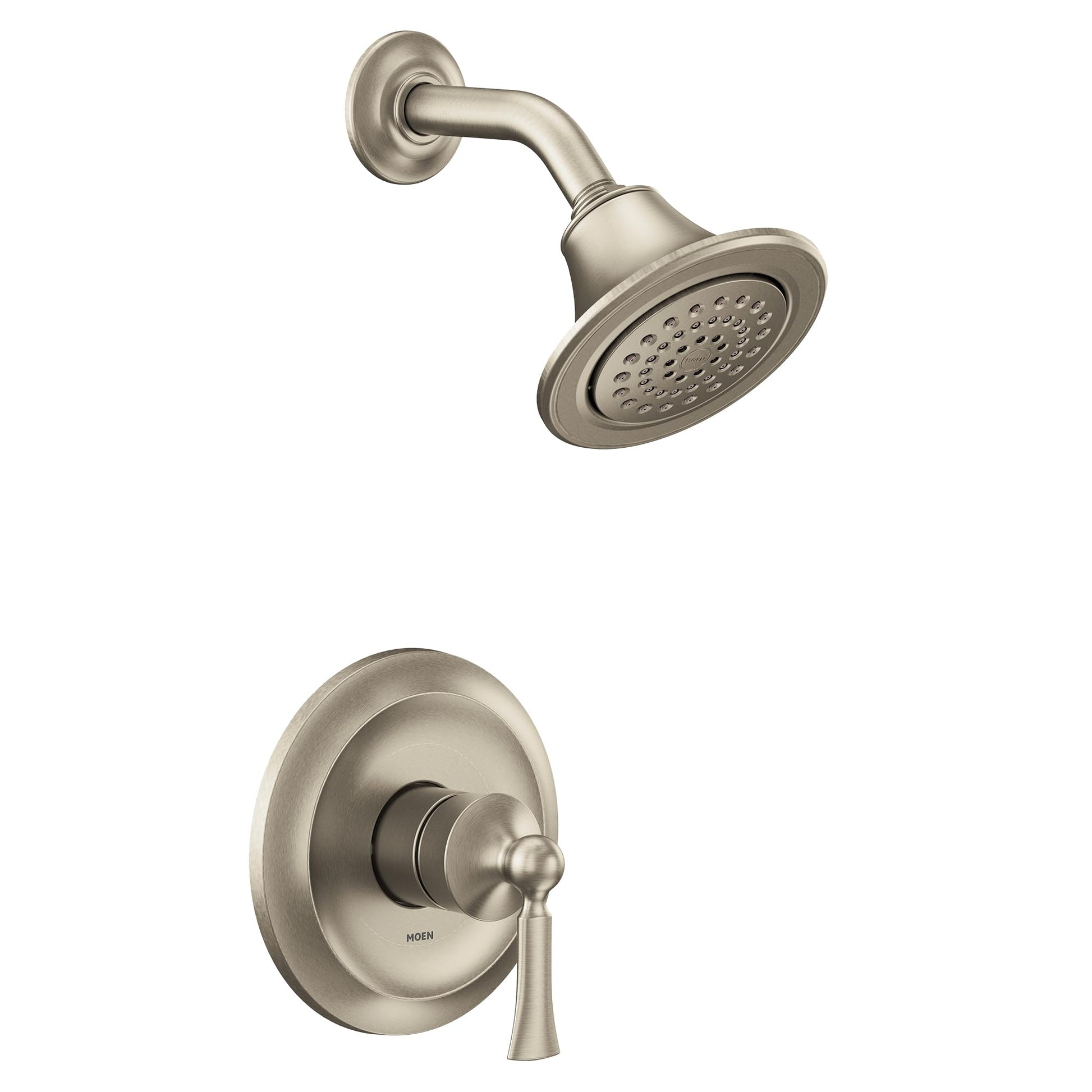 Brushed nickel shower trim kit with single lever handle, round showerhead, and curved arm.