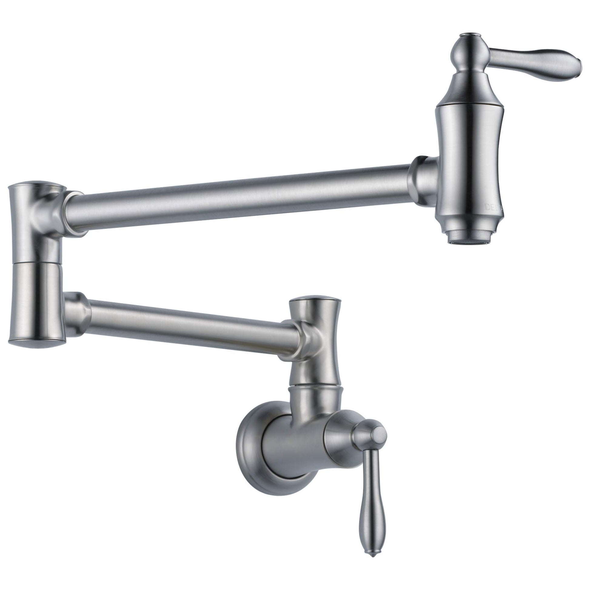 Stainless steel wall-mount pot filler with dual articulating arms and lever handle controls.