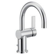 Chrome single-handle bathroom sink faucet with curved spout and rectangular lever handle.