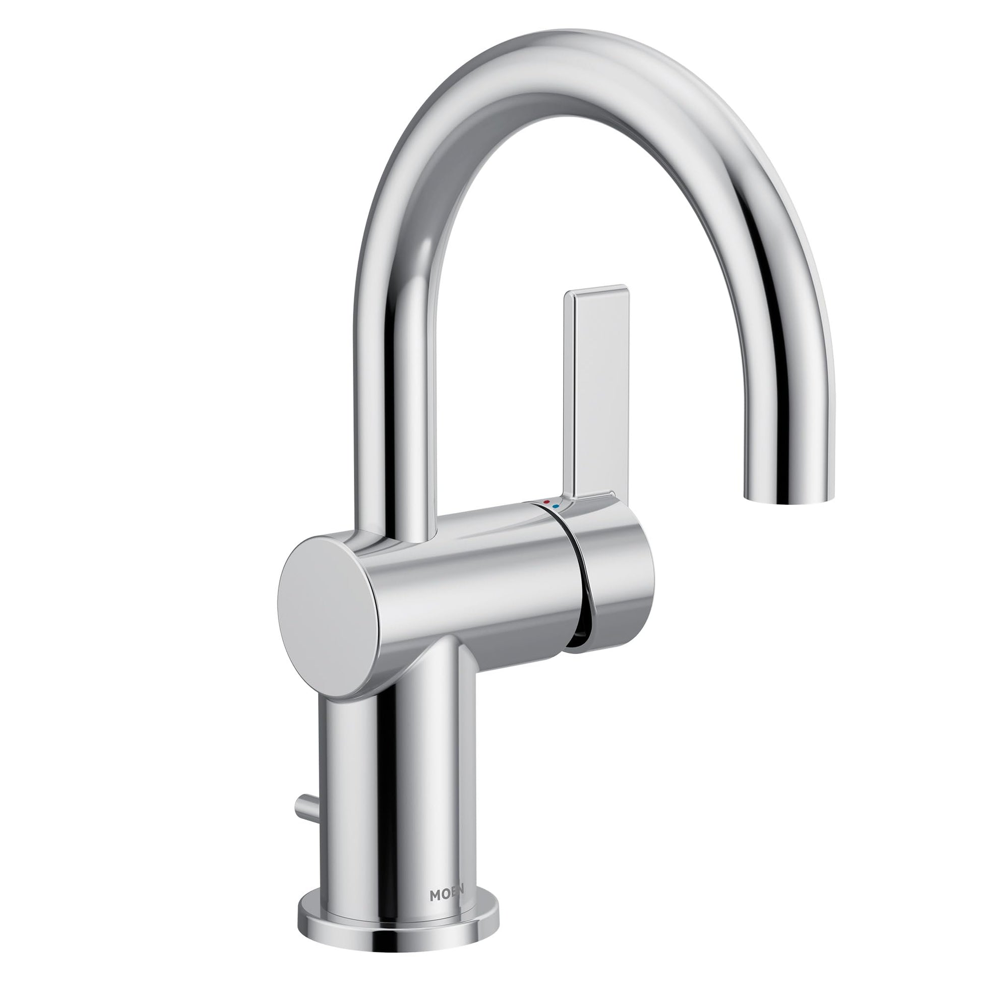 Chrome single-handle bathroom sink faucet with curved spout and rectangular lever handle.