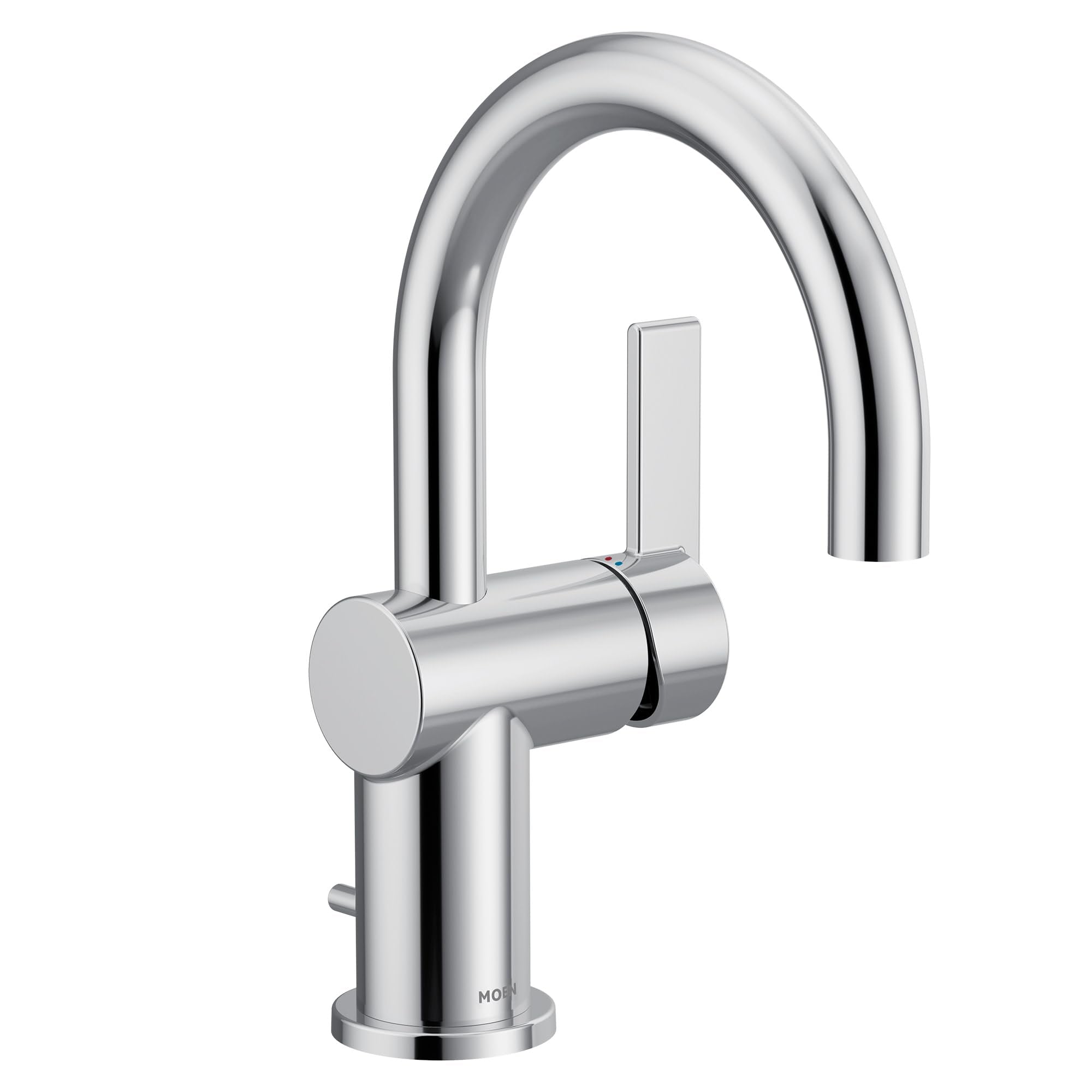 Chrome single-handle bathroom sink faucet with curved spout and rectangular lever handle.