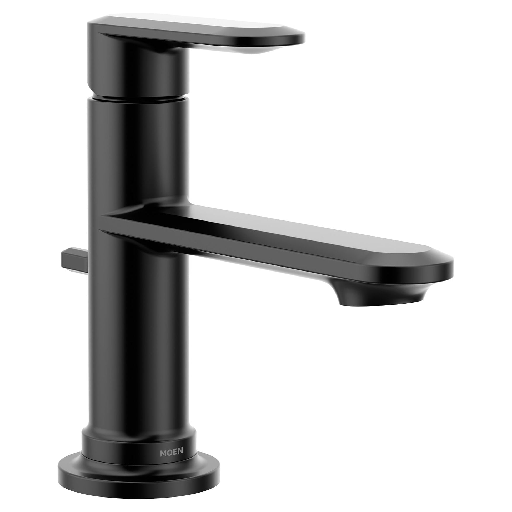 Matte black single-handle bathroom sink faucet with curved spout and cylindrical body design.