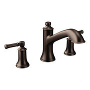 Oil rubbed bronze roman tub faucet with high arc spout and two lever handles.