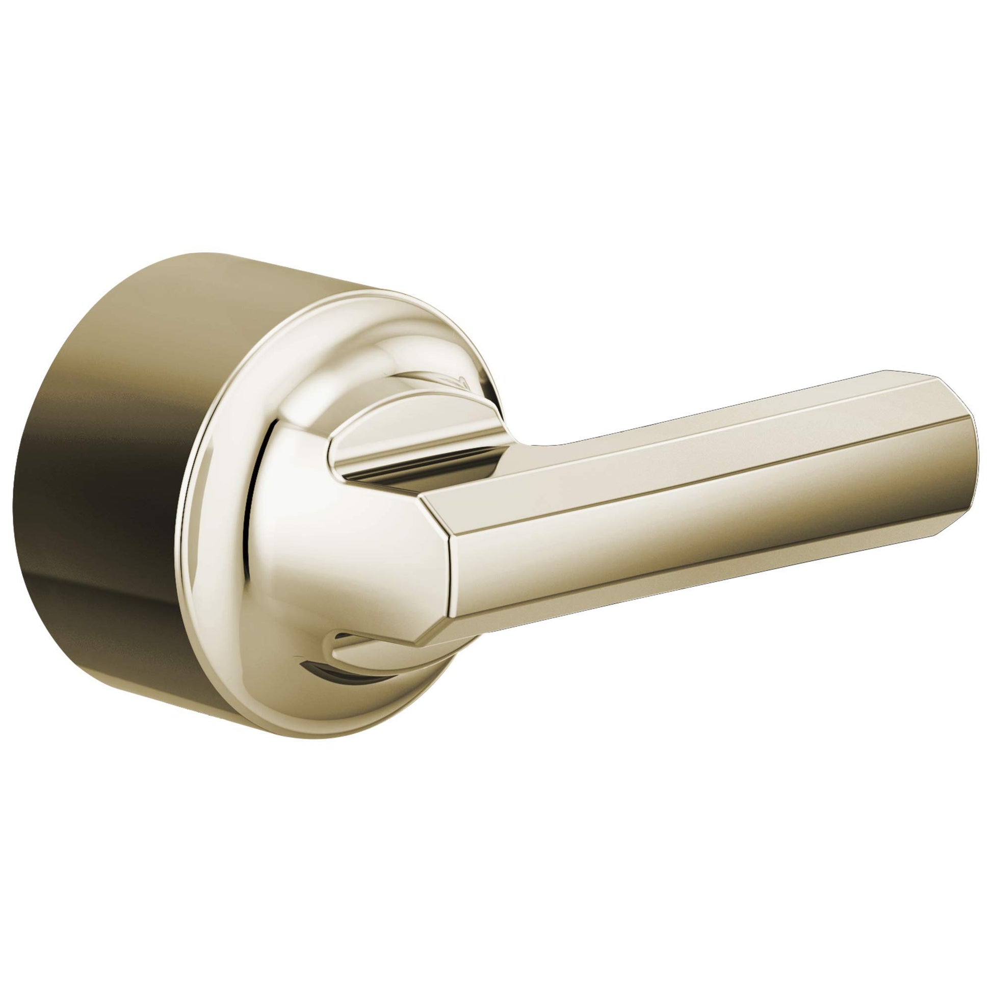 Chrome and polished nickel thermostatic valve trim with straight lever handle and circular escutcheon plate.