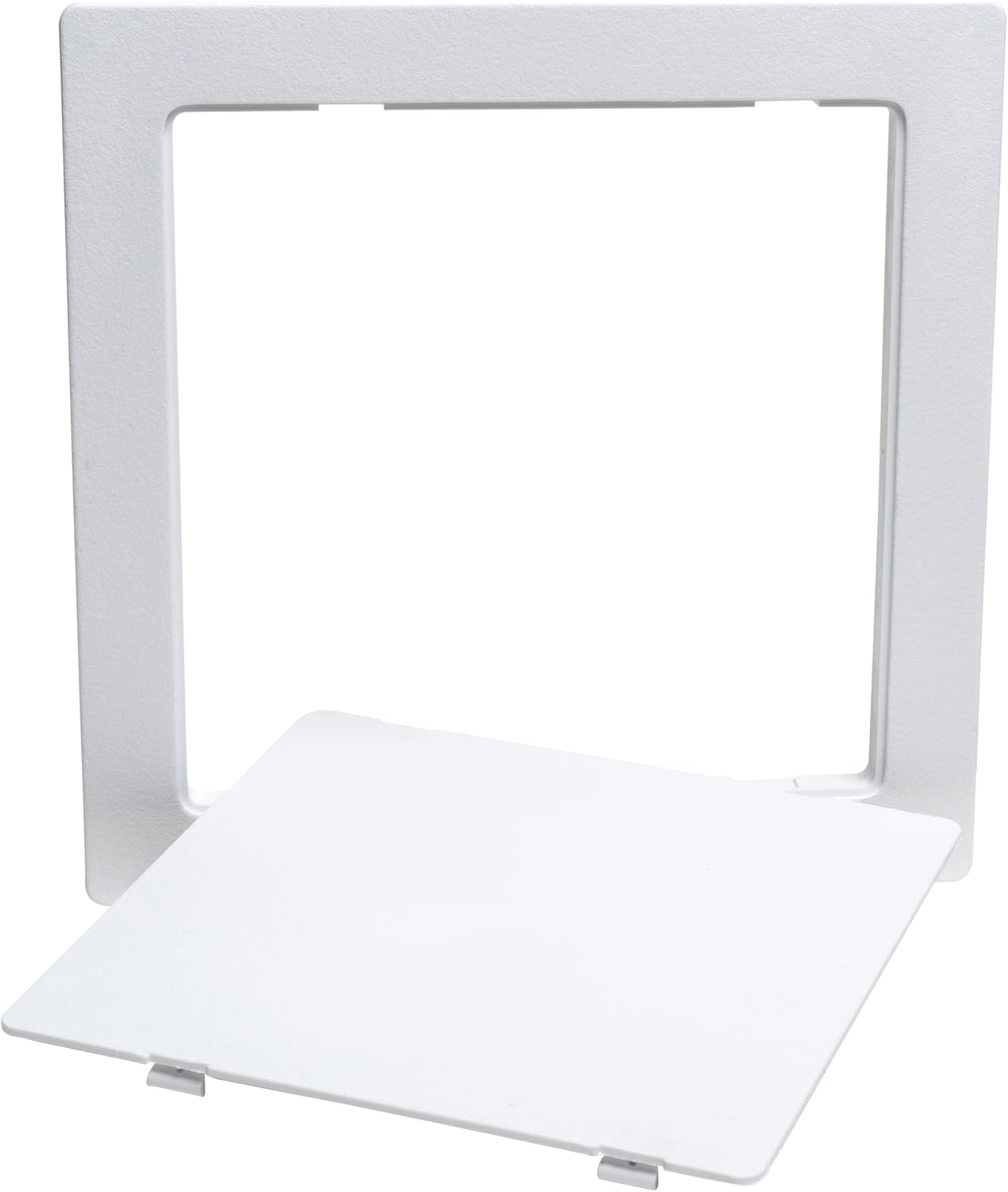 White square access panel with removable front cover and recessed frame opening, 14 x 14 inches.