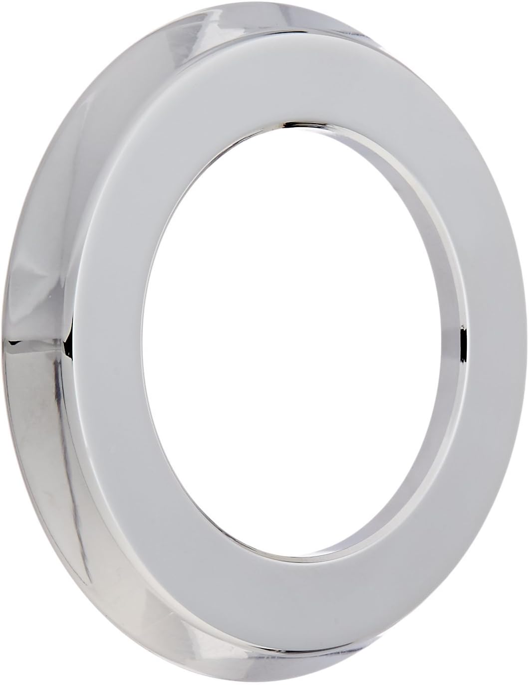 Chrome finish circular escutcheon ring with oval opening for roman tub installation.
