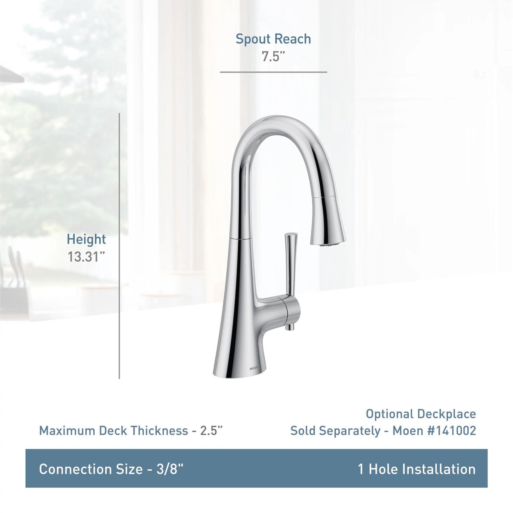 Polished nickel single-handle pulldown kitchen faucet with curved spout and side lever control.