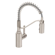 Stainless steel kitchen faucet with coiled spring spout and single lever handle.