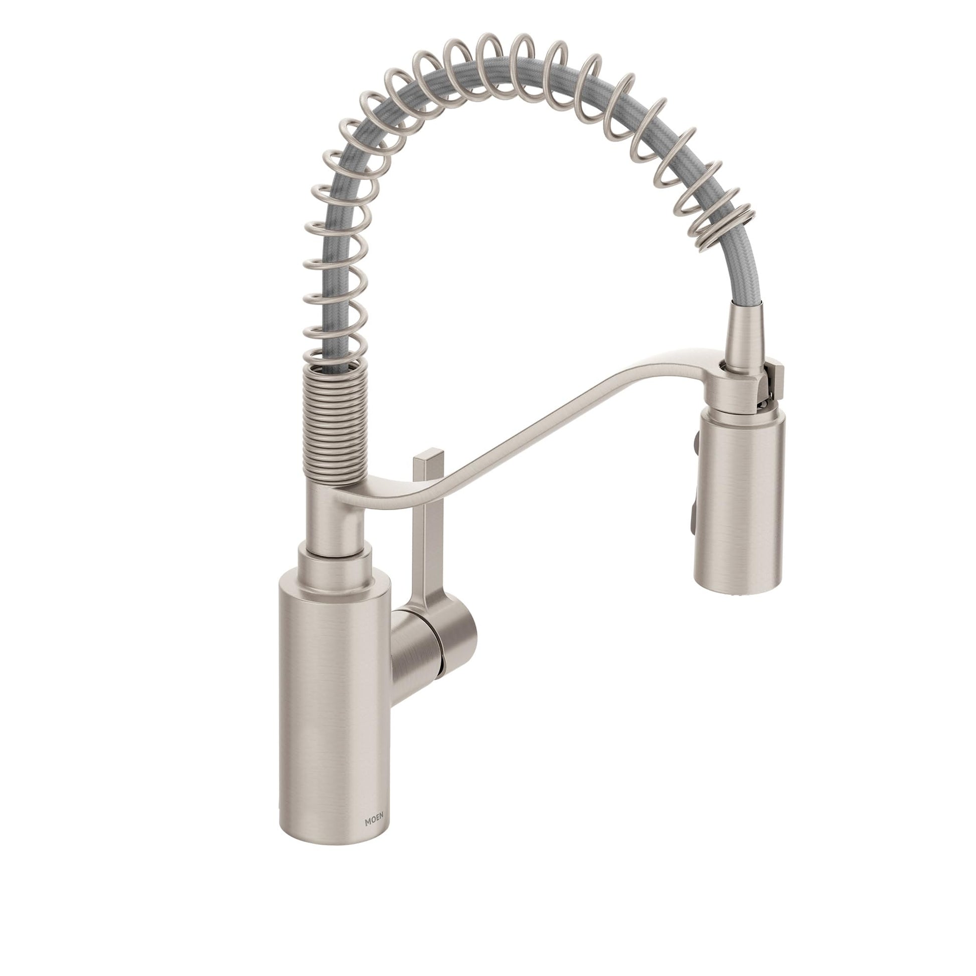 Stainless steel kitchen faucet with coiled spring spout and single lever handle.