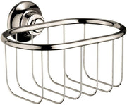 Polished nickel shower basket with oval rim and vertical wire grid, wall-mounted with circular escutcheon plate.