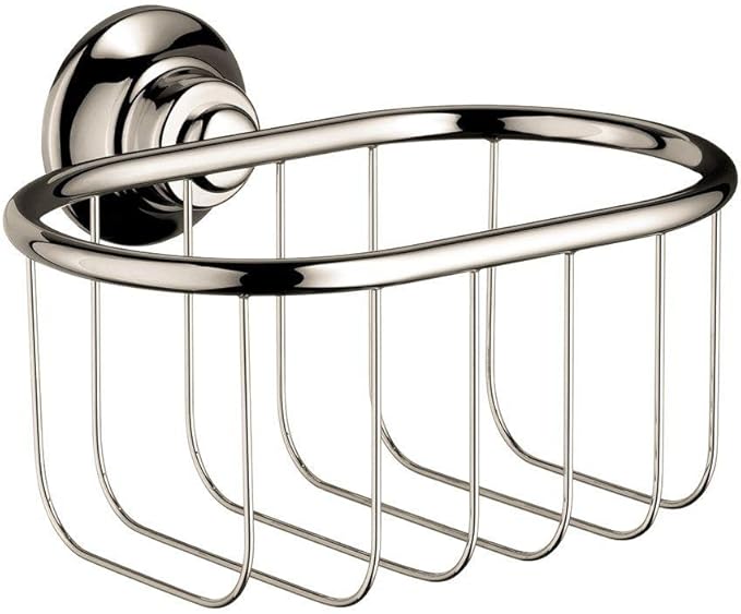 Polished nickel shower basket with oval rim and vertical wire grid, wall-mounted with circular escutcheon plate.