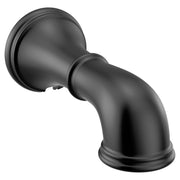 Matte black tub spout with curved angled outlet and wall-mounted collar fitting.