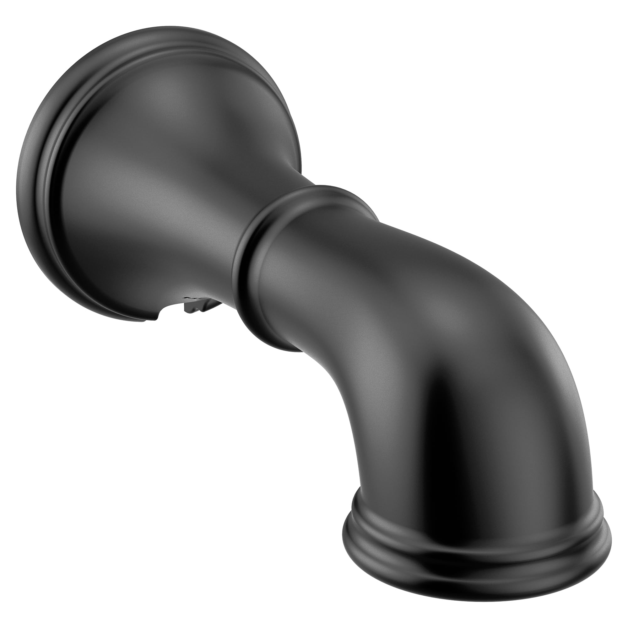 Matte black tub spout with curved angled outlet and wall-mounted collar fitting.
