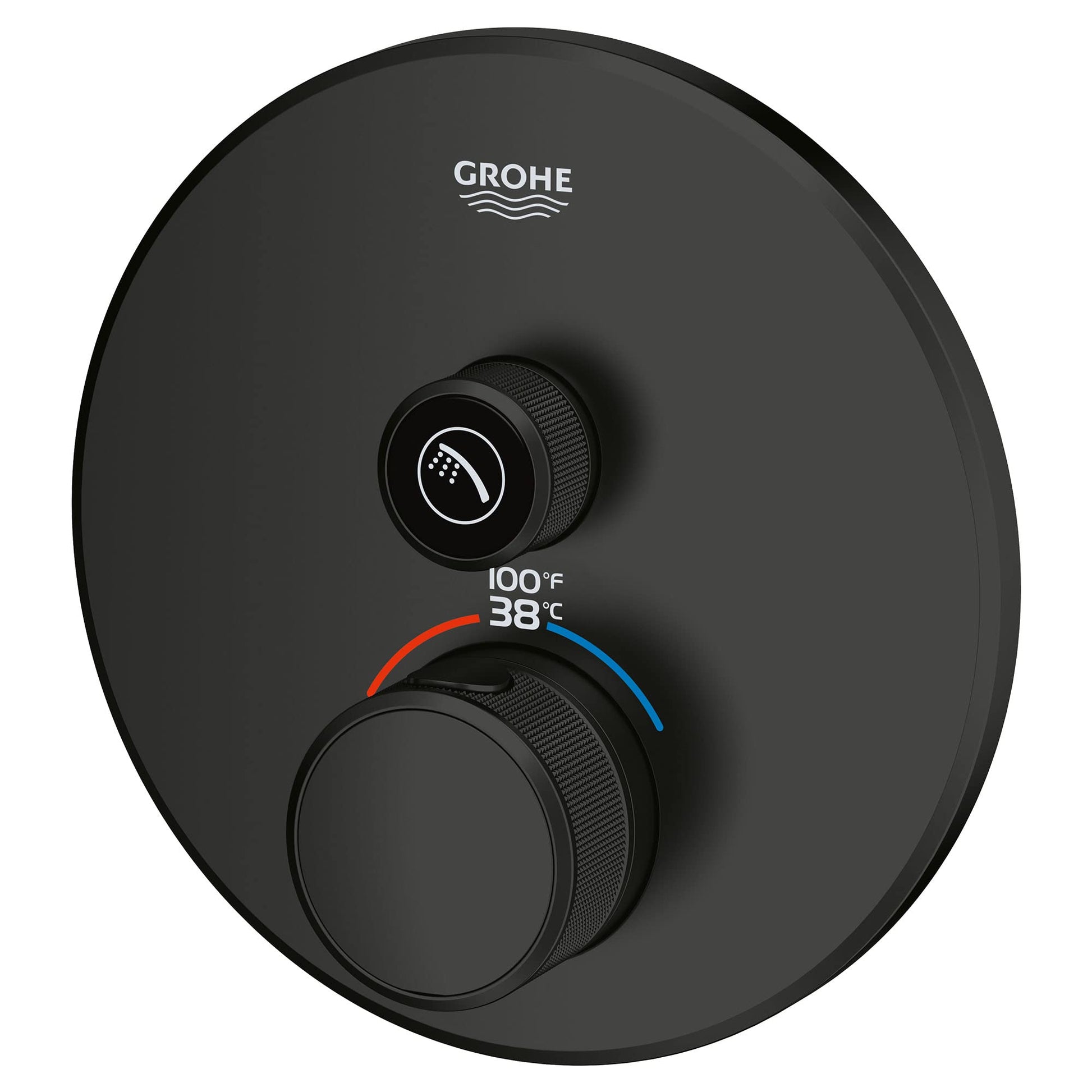 Matte black circular thermostatic valve trim with two textured knobs, temperature display showing 100°F/38°C, and Grohe logo.
