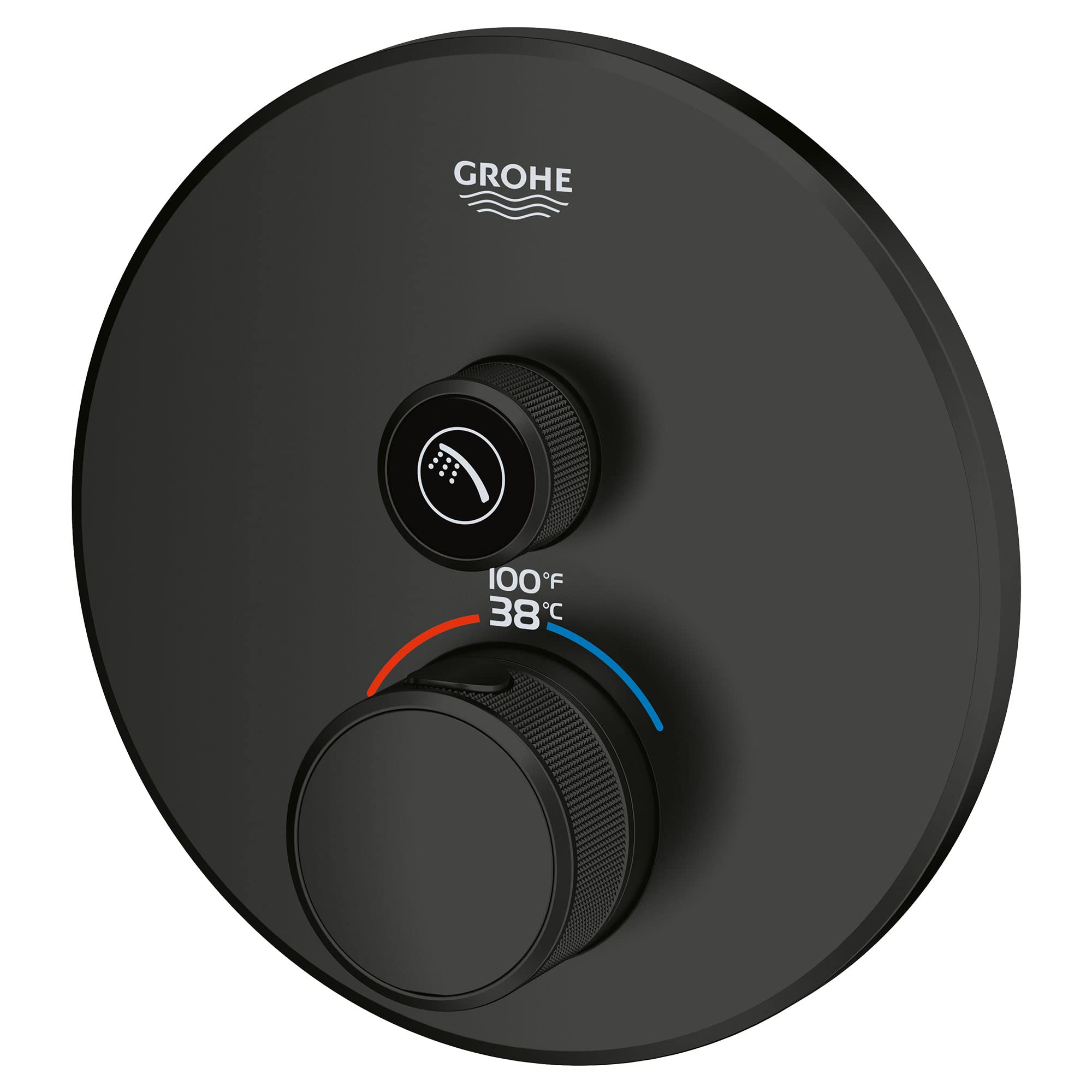 Matte black circular thermostatic valve trim with two textured knobs, temperature display showing 100°F/38°C, and Grohe logo.