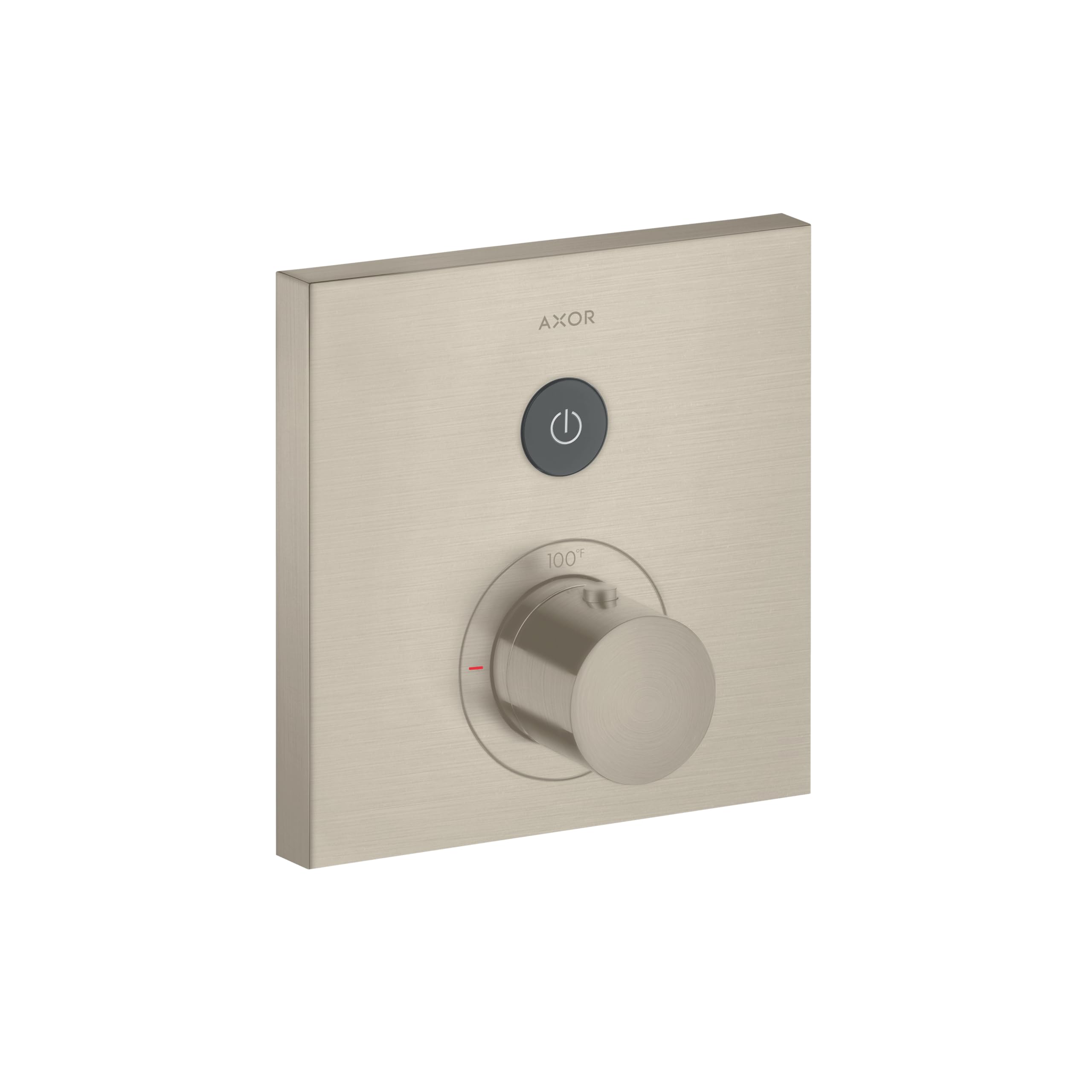 Square brushed nickel shower valve trim with power button and rotary temperature control dial.