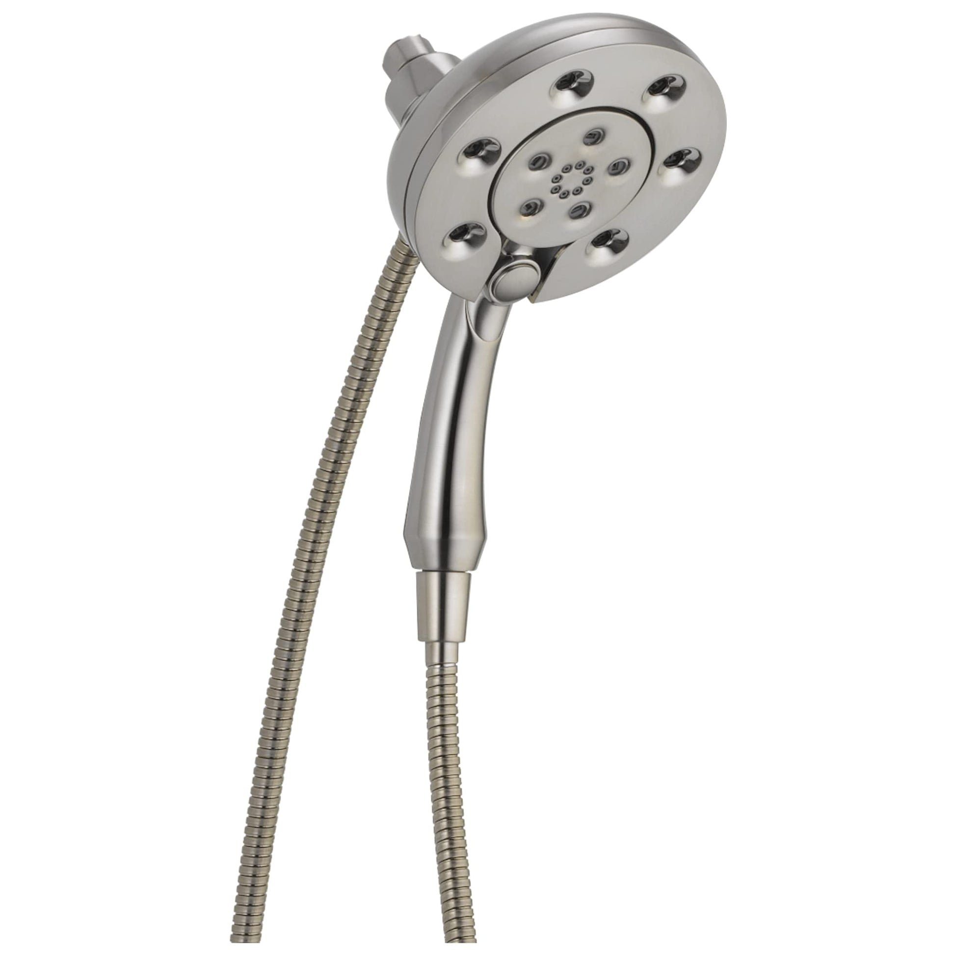 Chrome two-in-one showerhead with fixed overhead spray and detachable handheld wand connected by flexible hose.
