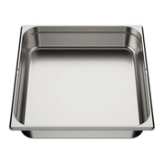 Rectangular stainless steel sink tray with rounded corners and raised rim, viewed from above.