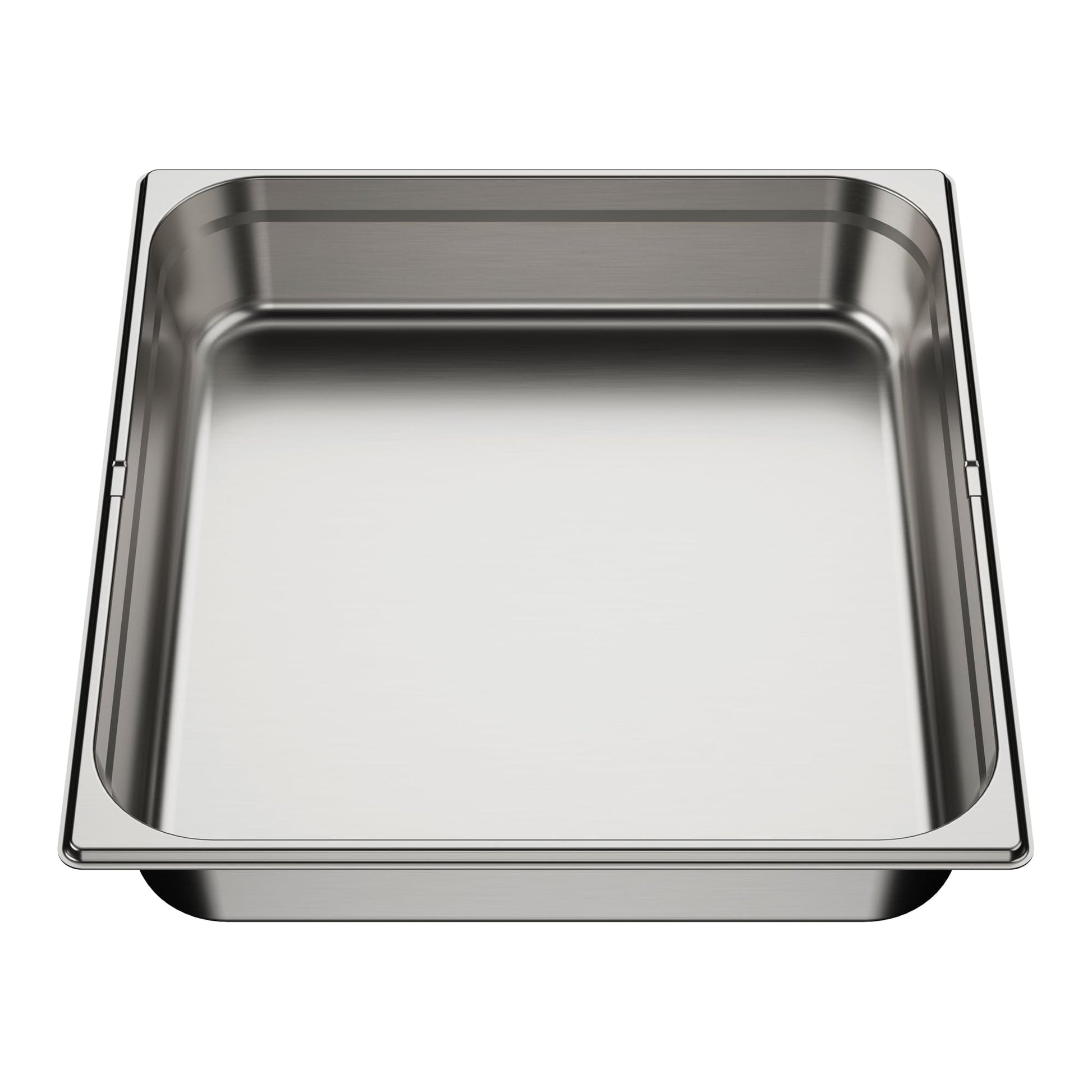 Rectangular stainless steel sink tray with rounded corners and raised rim, viewed from above.