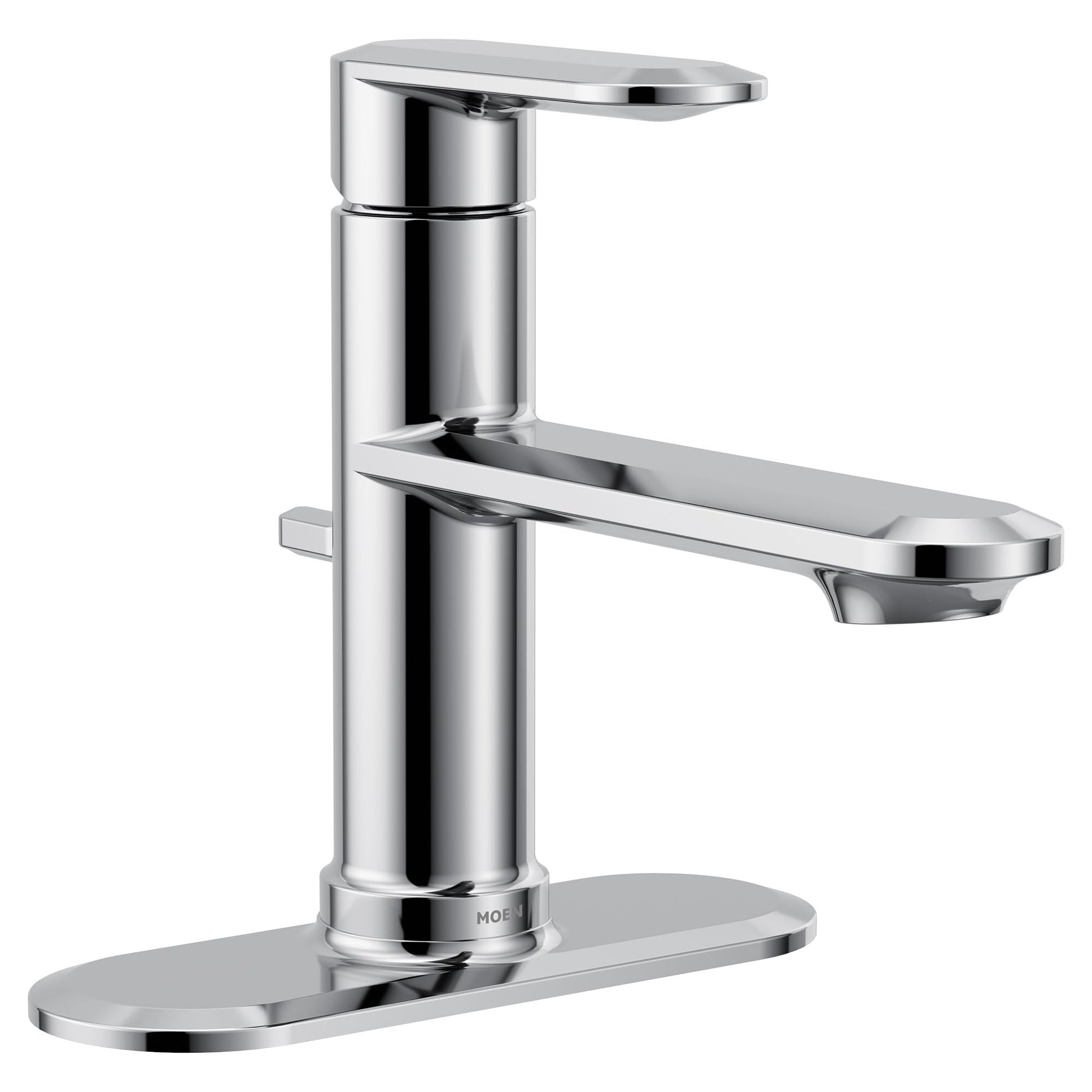 Chrome single-handle bathroom sink faucet with cylindrical body, curved spout, and oval base plate.